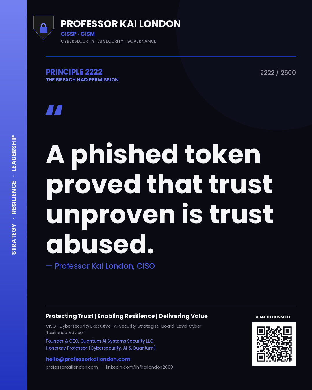 Quote card by Professor Kai London reading 'A phished token proved that trust unproven is trust abused.'. From the book The Breach Had Permission.