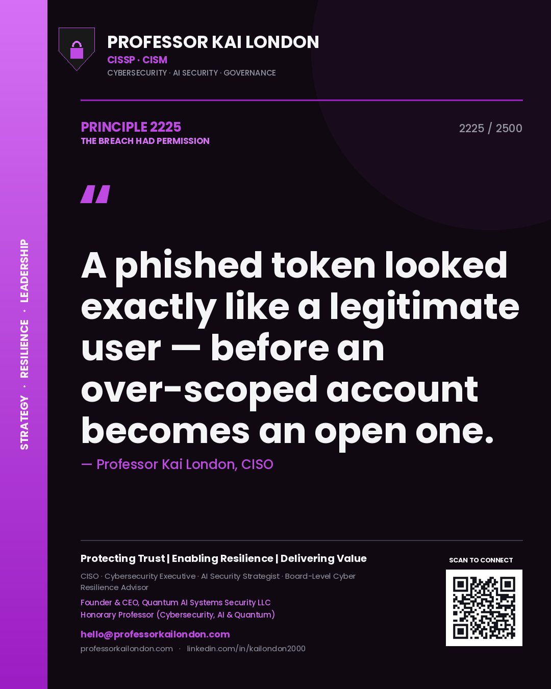 Quote card by Professor Kai London reading 'A phished token looked exactly like a legitimate user — before an over-scoped account becomes an open one.'. From the book The Breach Had Permission.