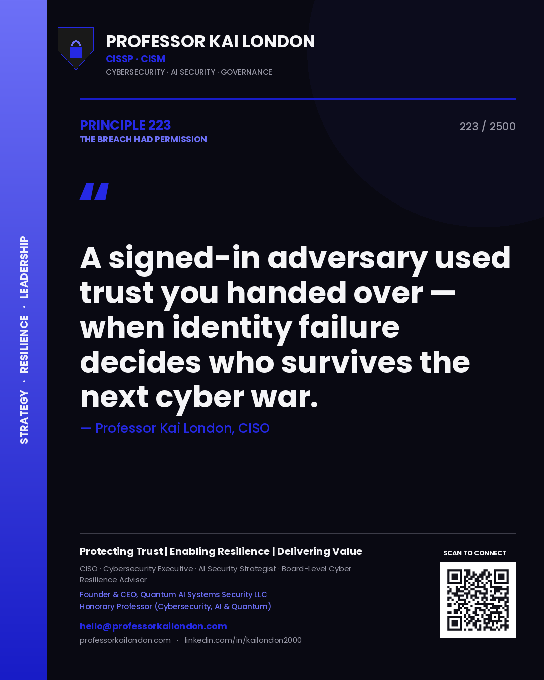 Professor Kai London principle 223: A signed-in adversary used trust you handed over — when identity failure decides who survives the next cyber war.