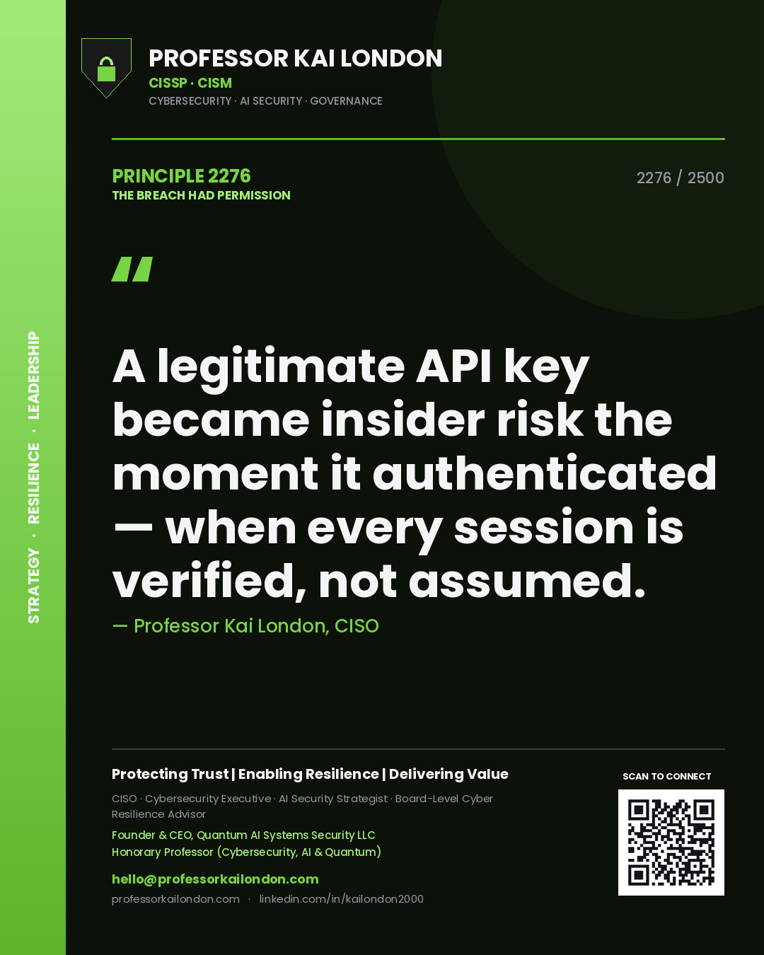 Quote card by Professor Kai London reading 'A legitimate API key became insider risk the moment it authenticated — when every session is verified, not assumed.'. From the book The Breach Had Permission.