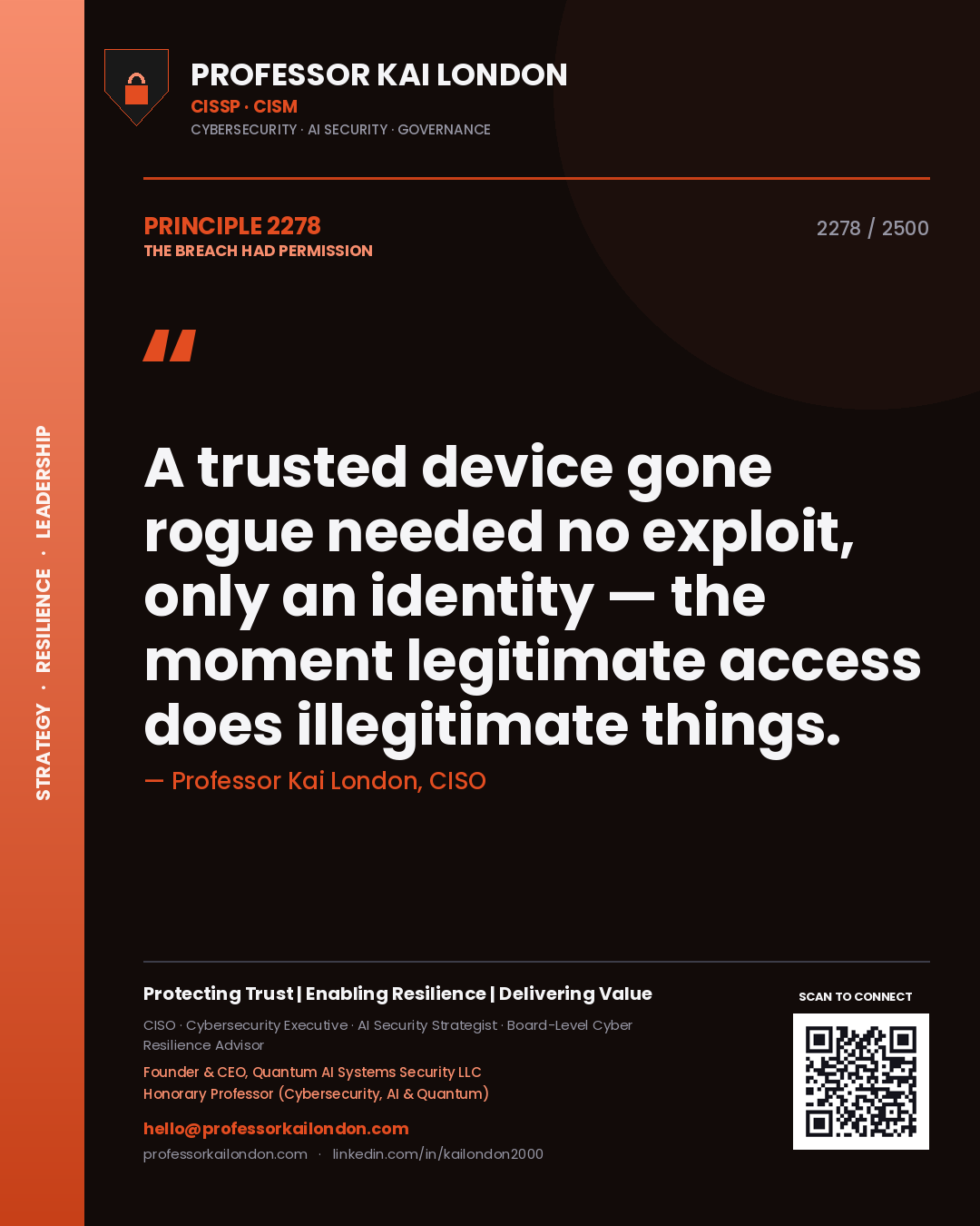 Quote card by Professor Kai London reading 'A trusted device gone rogue needed no exploit, only an identity — the moment legitimate access does illegitimate things.'. From the book The Breach Had Permission.