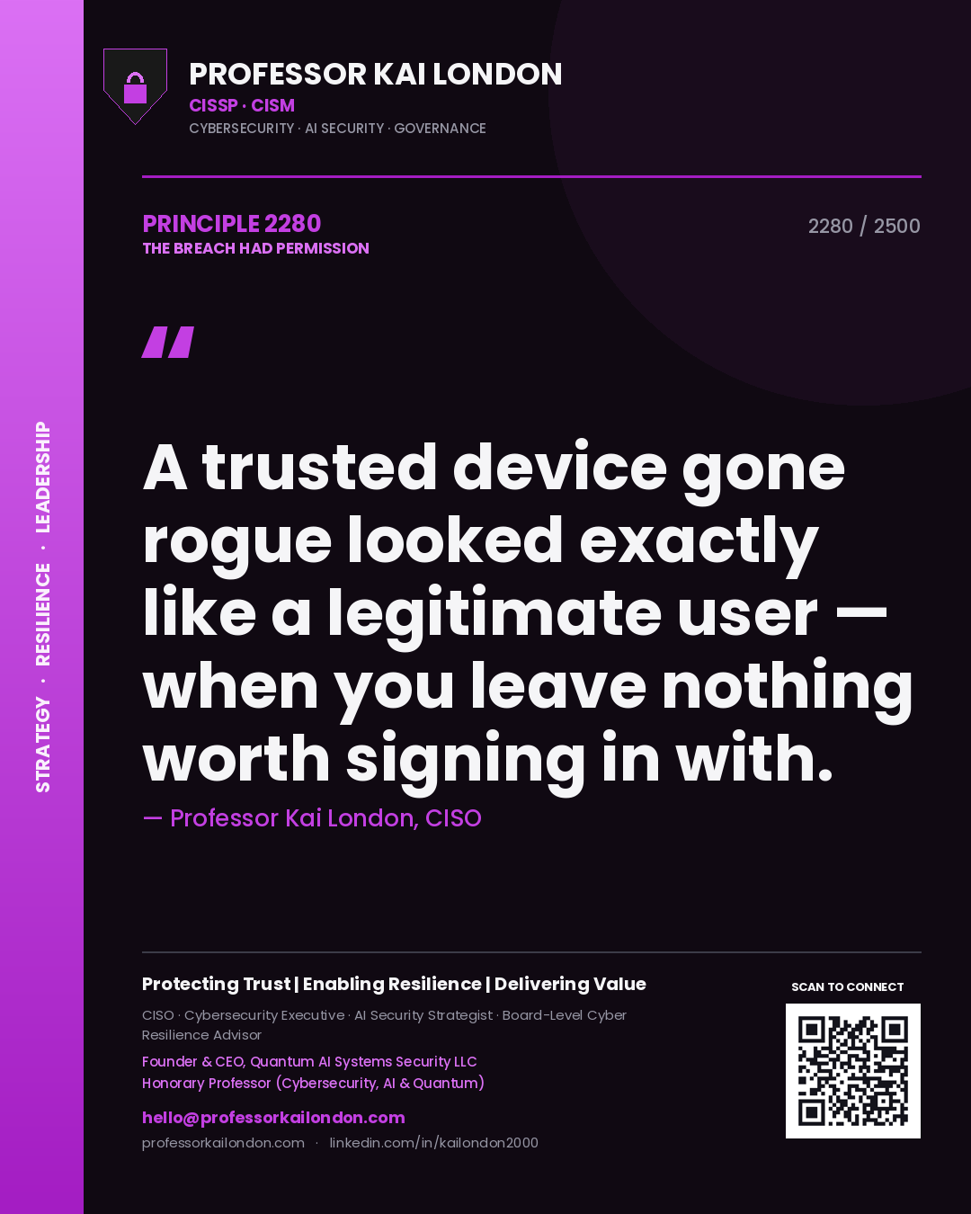 Professor Kai London principle 2280: A trusted device gone rogue looked exactly like a legitimate user — when you leave nothing worth signing in with.