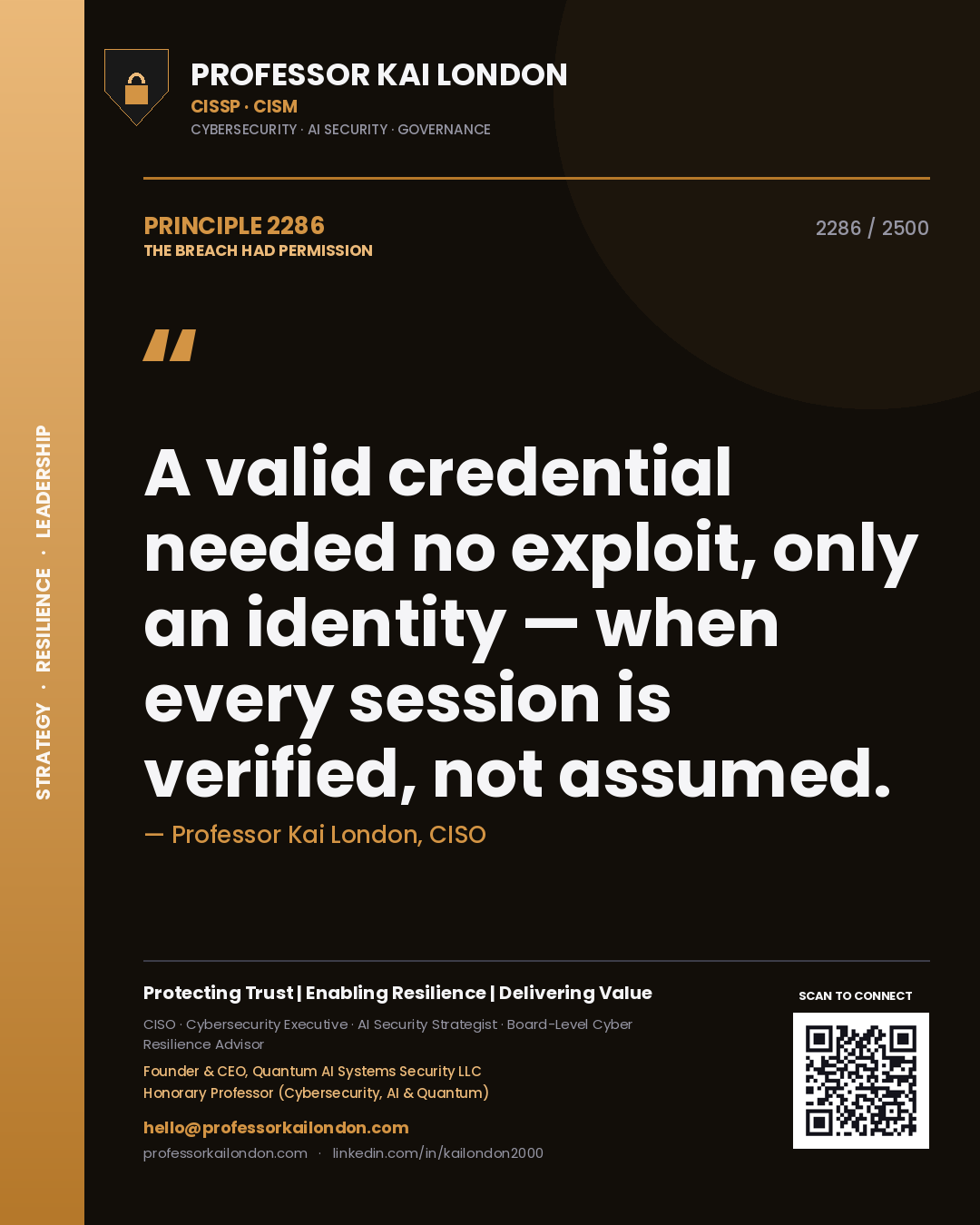 Quote card by Professor Kai London reading 'A valid credential needed no exploit, only an identity — when every session is verified, not assumed.'. From the book The Breach Had Permission.