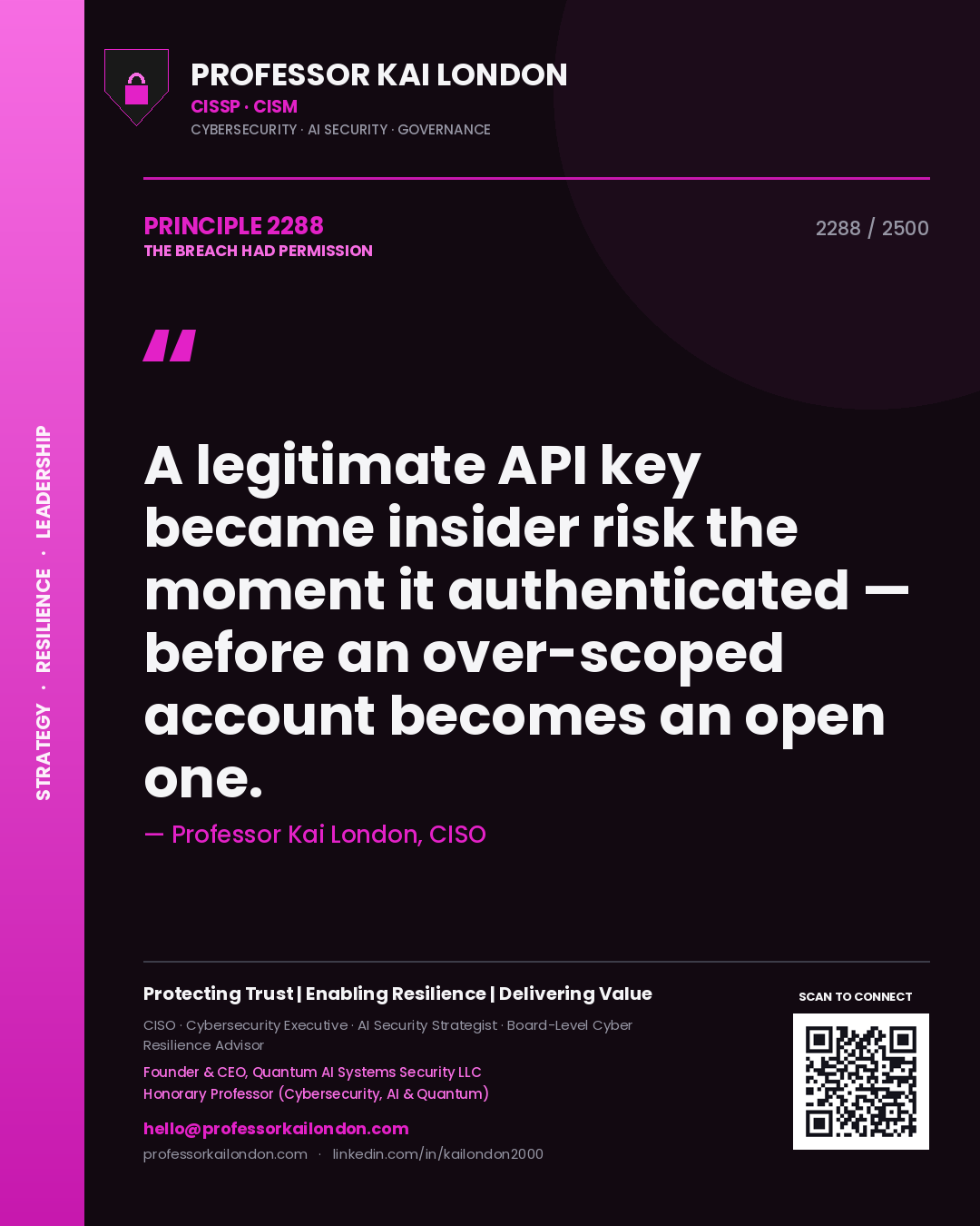 Quote card by Professor Kai London reading 'A legitimate API key became insider risk the moment it authenticated — before an over-scoped account becomes an open one.'. From the book The Breach Had Permission.