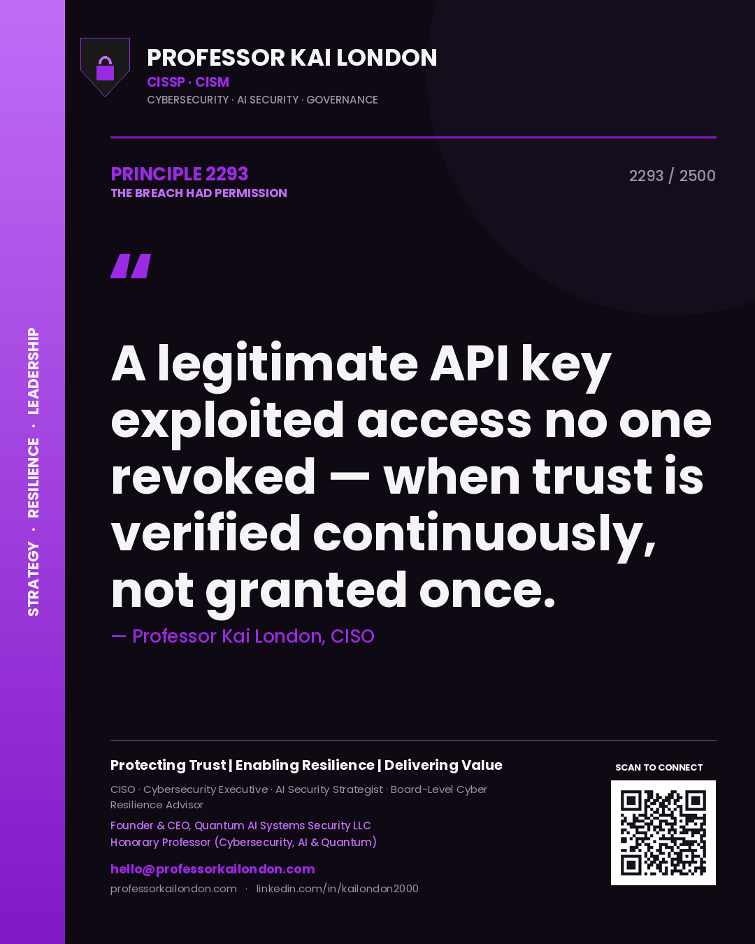 Quote card by Professor Kai London reading 'A legitimate API key exploited access no one revoked — when trust is verified continuously, not granted once.'. From the book The Breach Had Permission.