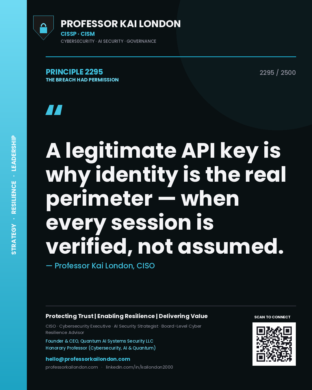 Quote card by Professor Kai London reading 'A legitimate API key is why identity is the real perimeter — when every session is verified, not assumed.'. From the book The Breach Had Permission.