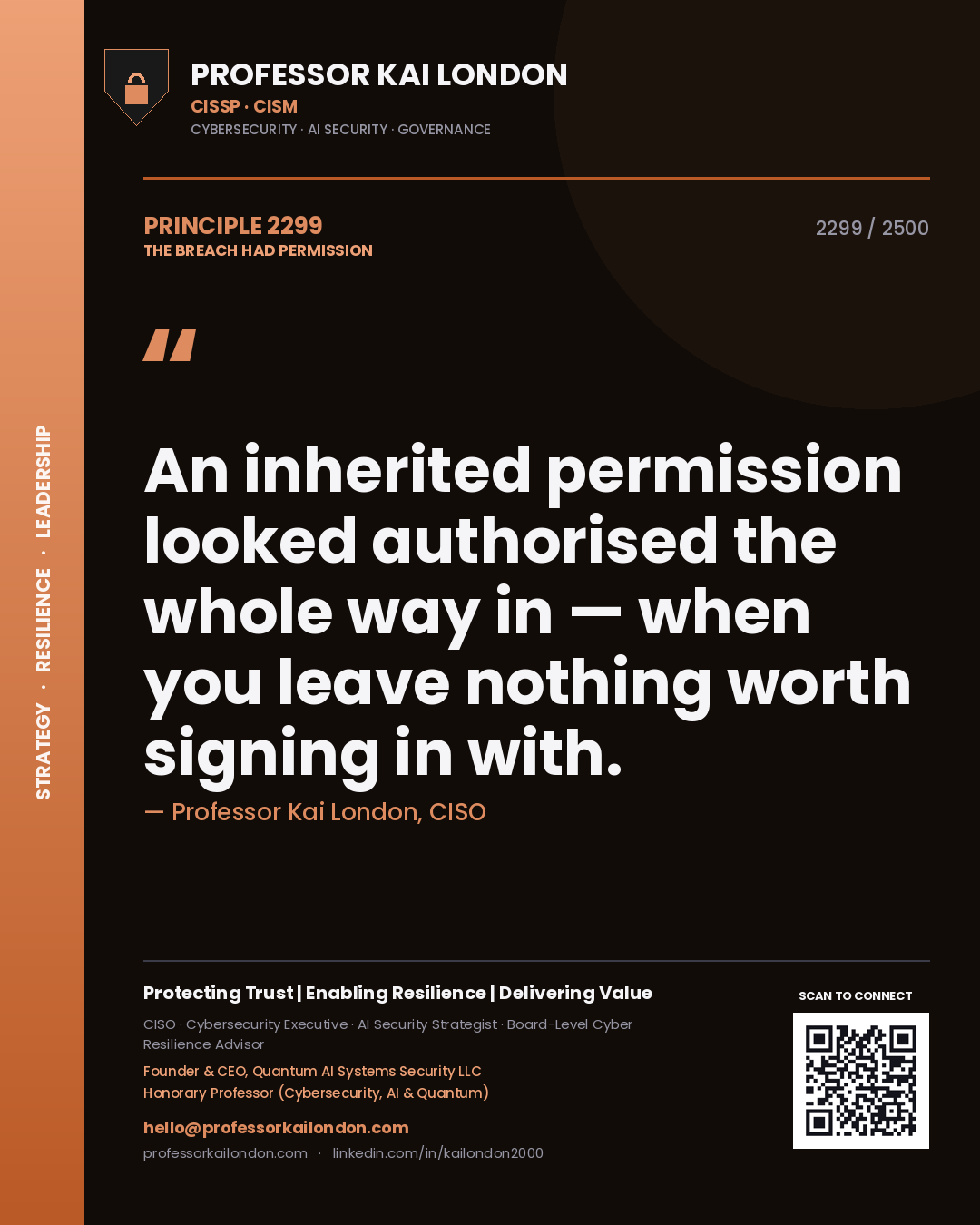 Professor Kai London principle 2299: An inherited permission looked authorised the whole way in — when you leave nothing worth signing in with.