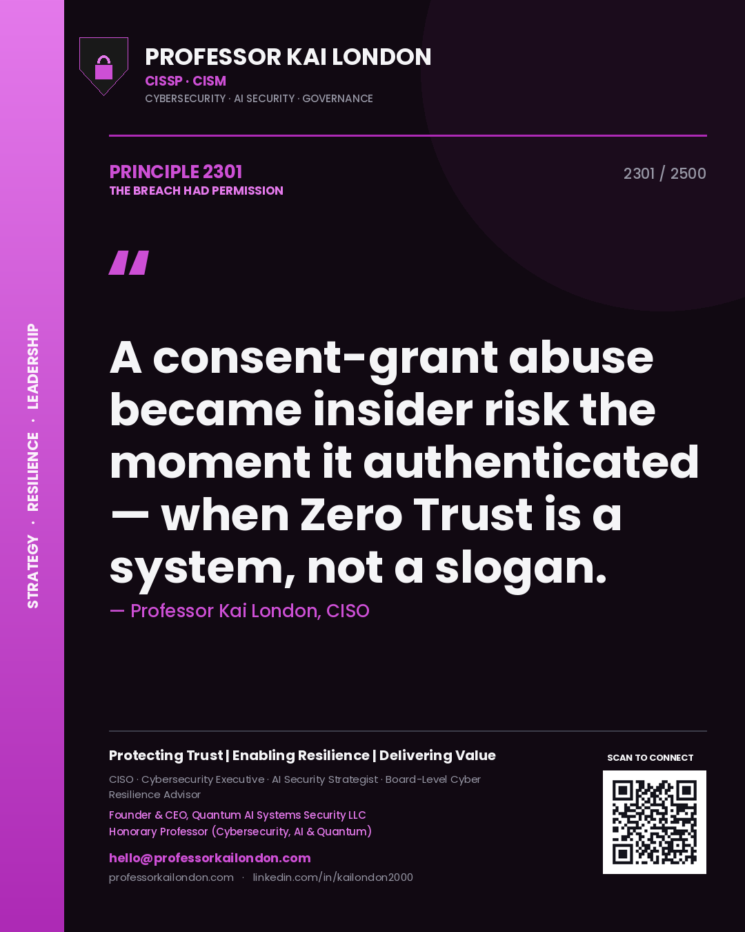 Quote card by Professor Kai London reading 'A consent-grant abuse became insider risk the moment it authenticated — when Zero Trust is a system, not a slogan.'. From the book The Breach Had Permission.