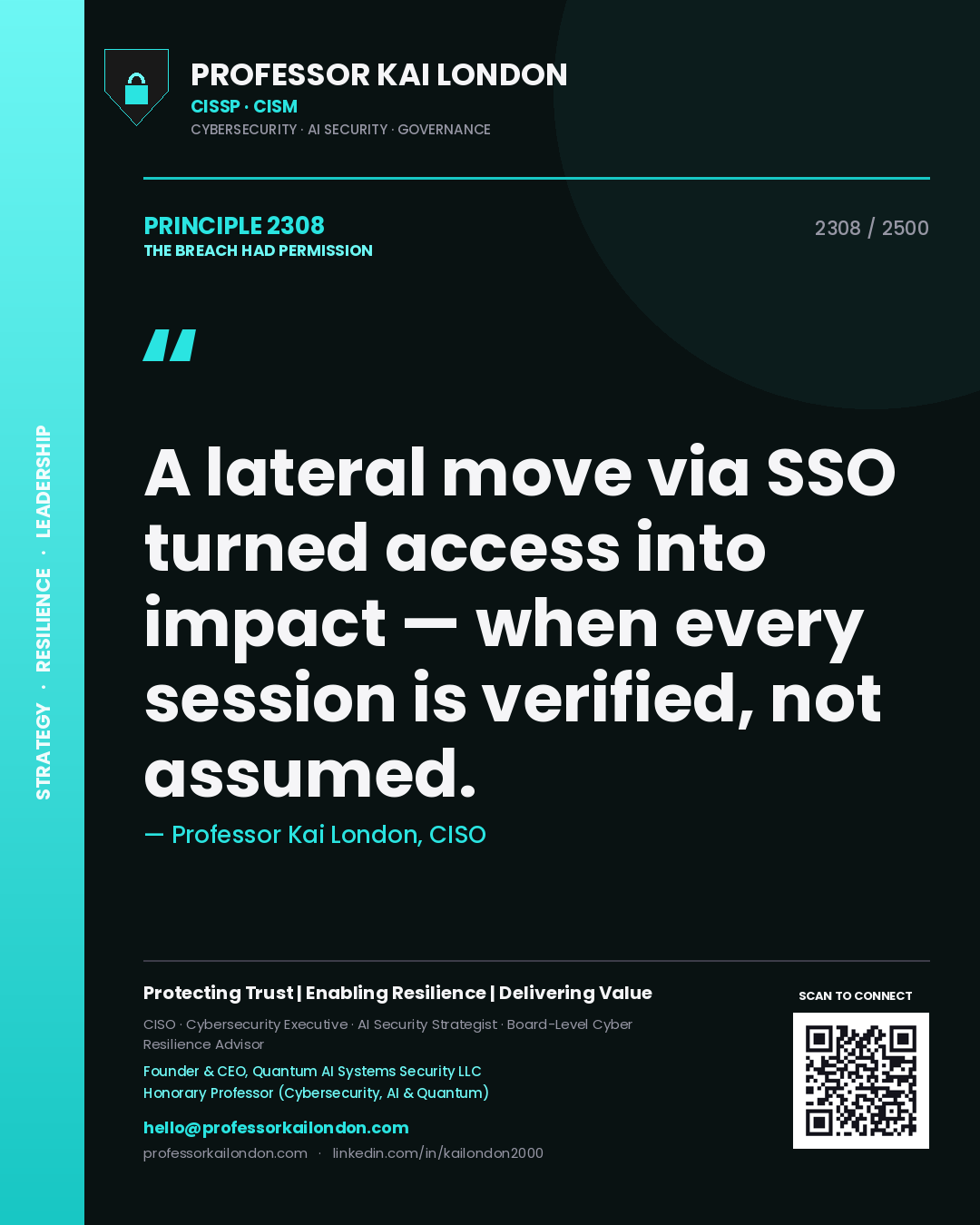 Quote card by Professor Kai London reading 'A lateral move via SSO turned access into impact — when every session is verified, not assumed.'. From the book The Breach Had Permission.