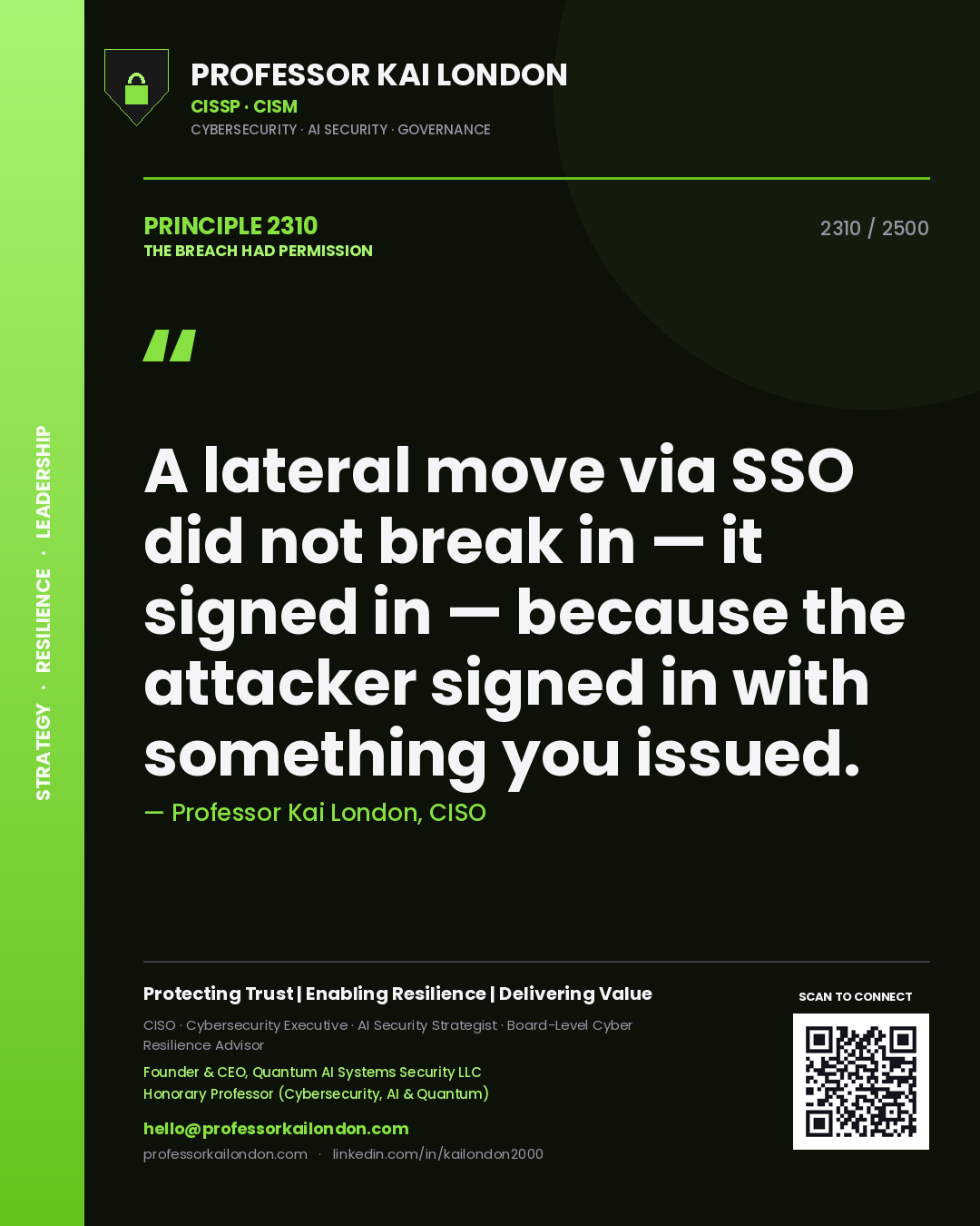 Quote card by Professor Kai London reading 'A lateral move via SSO did not break in — it signed in — because the attacker signed in with something you issued.'. From the book The Breach Had Permission.