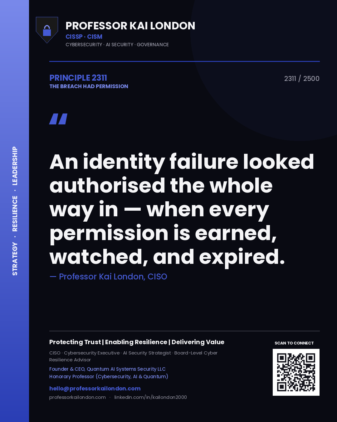 Quote card by Professor Kai London reading 'An identity failure looked authorised the whole way in — when every permission is earned, watched, and expired.'. From the book The Breach Had Permission.