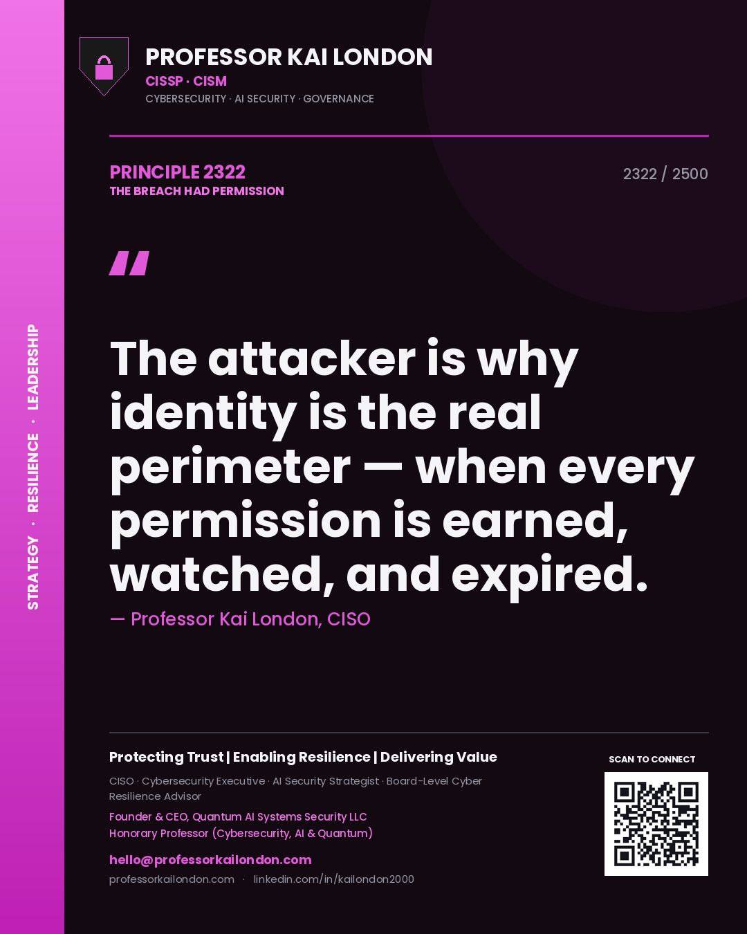 Professor Kai London principle 2322: The attacker is why identity is the real perimeter — when every permission is earned, watched, and expired.