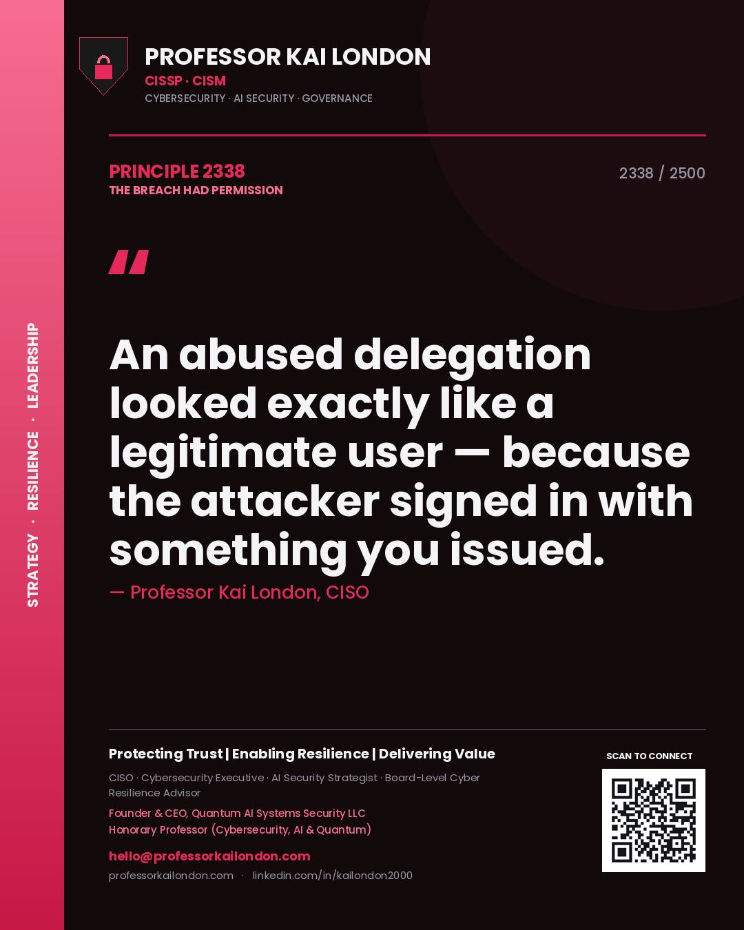 Quote card by Professor Kai London reading 'An abused delegation looked exactly like a legitimate user — because the attacker signed in with something you issued.'. From the book The Breach Had Permission.