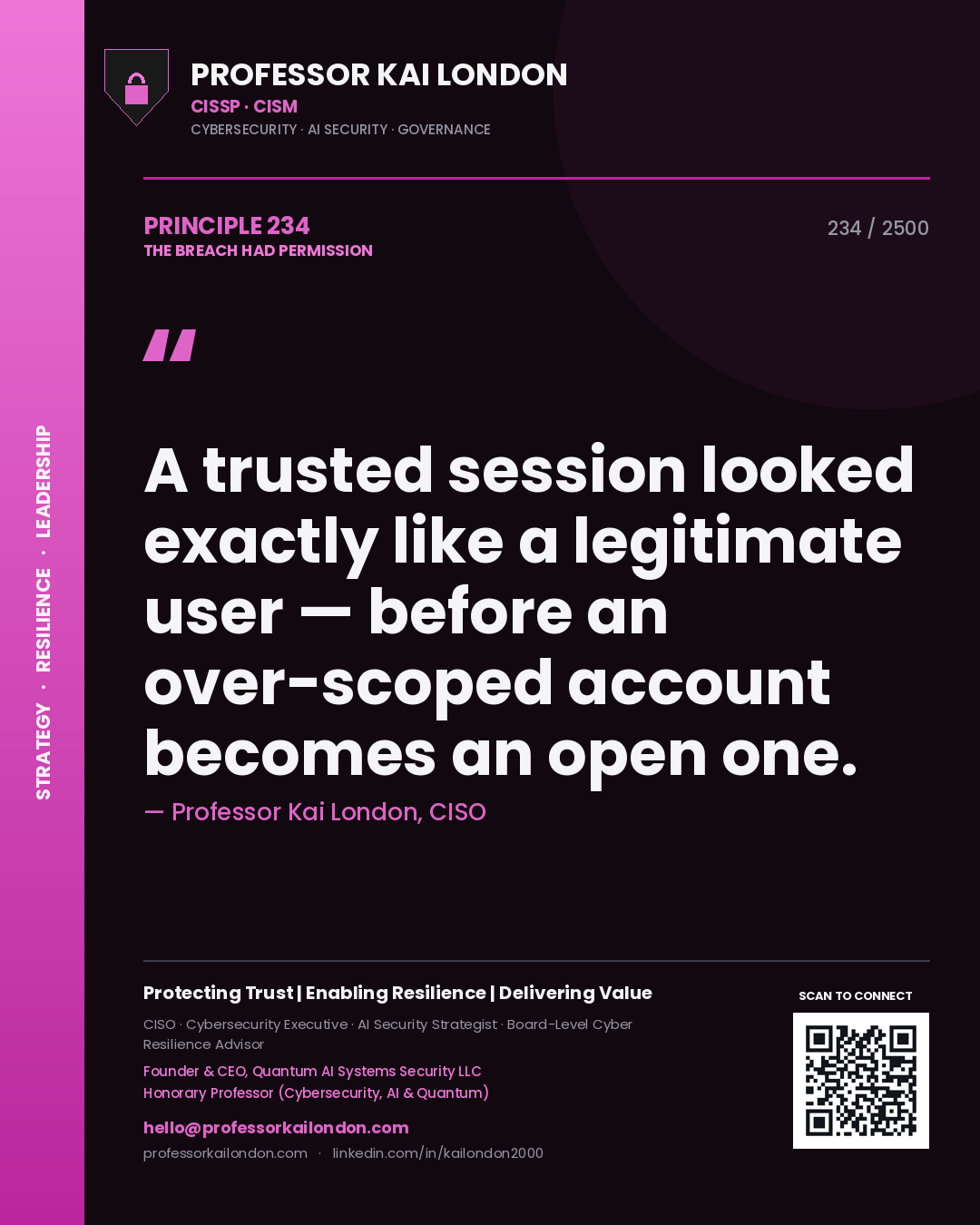 Professor Kai London principle 234: A trusted session looked exactly like a legitimate user — before an over-scoped account becomes an open one.
