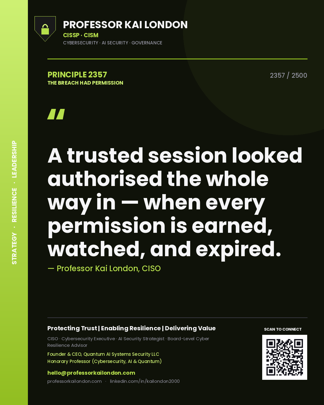 Quote card by Professor Kai London reading 'A trusted session looked authorised the whole way in — when every permission is earned, watched, and expired.'. From the book The Breach Had Permission.