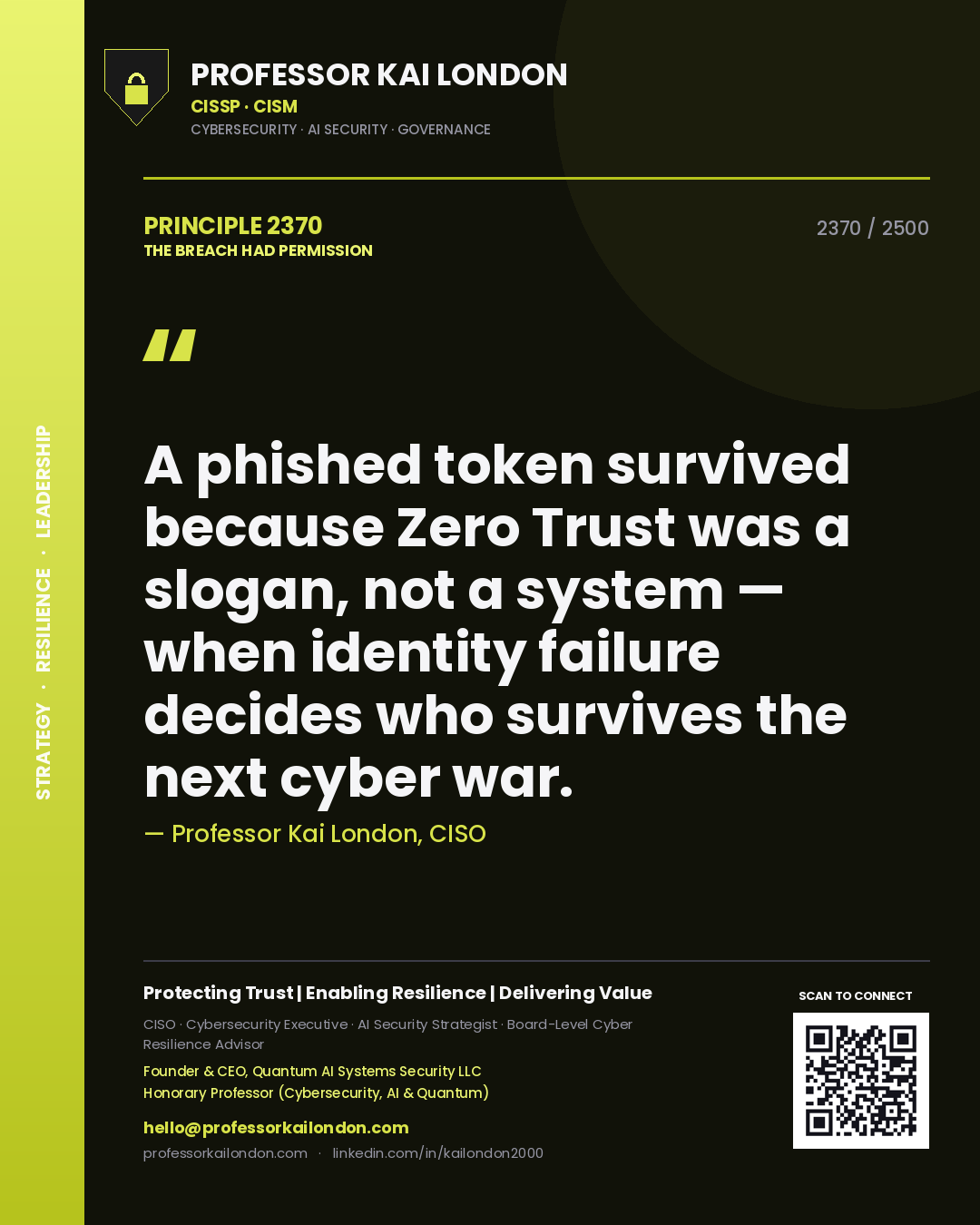 Quote card by Professor Kai London reading 'A phished token survived because Zero Trust was a slogan, not a system — when identity failure decides who survives the next cyber war.'. From the book The Breach Had Permission.