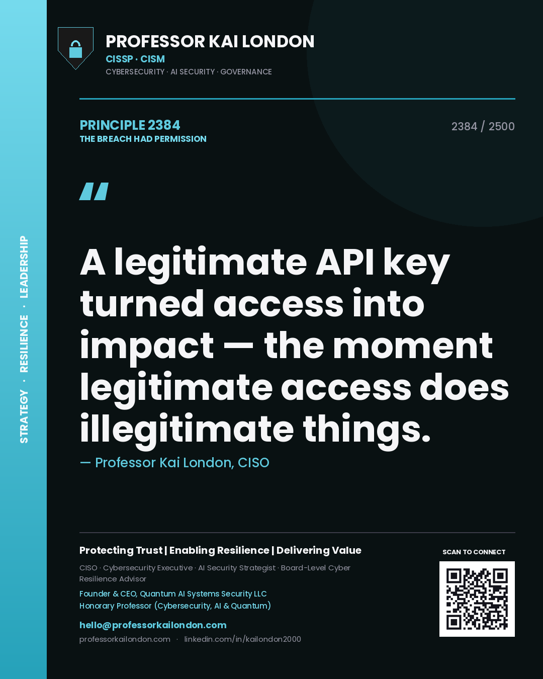 Quote card by Professor Kai London reading 'A legitimate API key turned access into impact — the moment legitimate access does illegitimate things.'. From the book The Breach Had Permission.