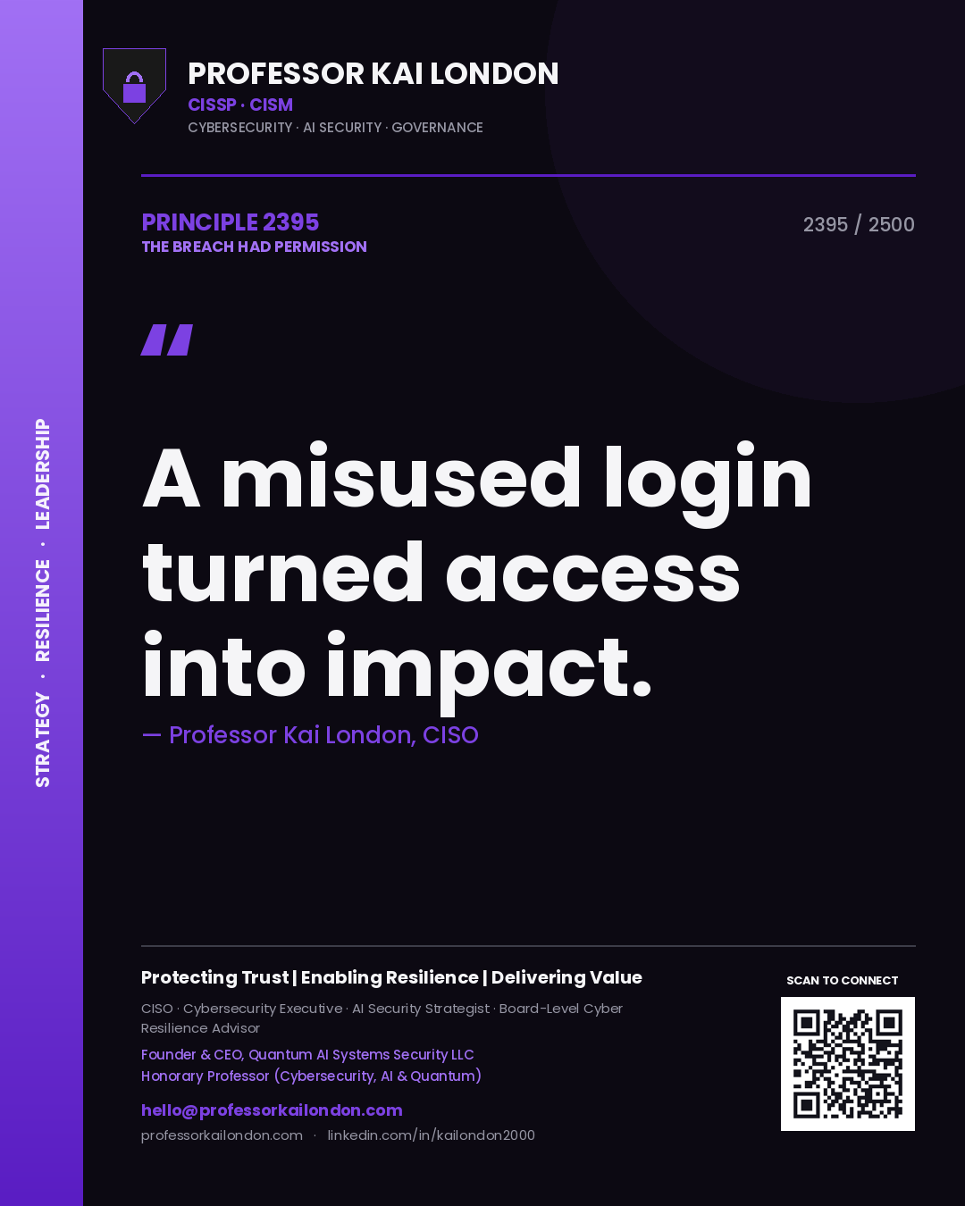 Quote card by Professor Kai London reading 'A misused login turned access into impact.'. From the book The Breach Had Permission.