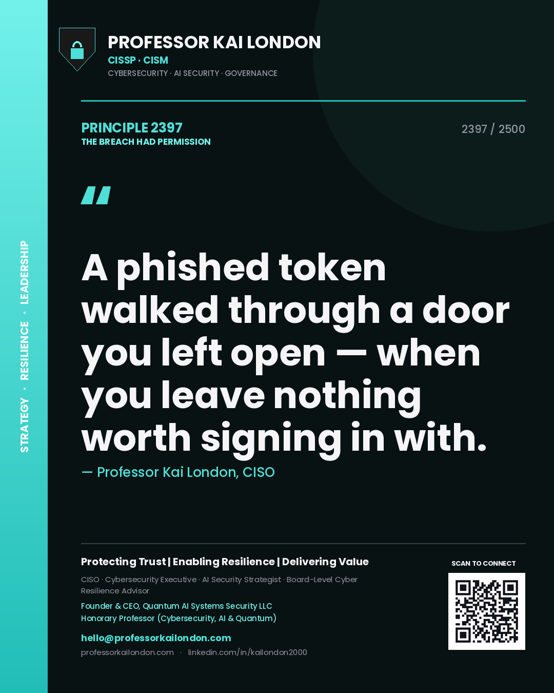 Quote card by Professor Kai London reading 'A phished token walked through a door you left open — when you leave nothing worth signing in with.'. From the book The Breach Had Permission.