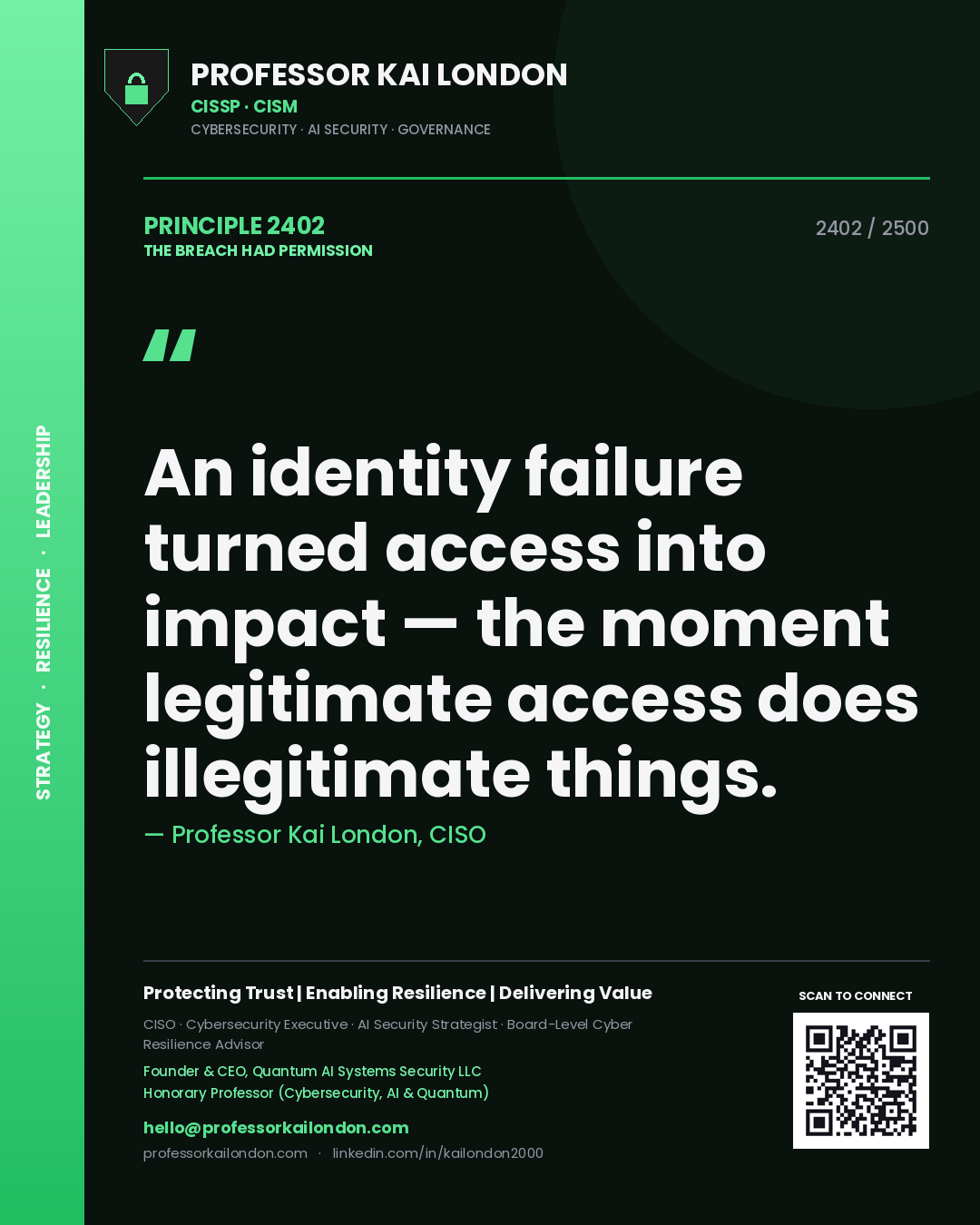 Quote card by Professor Kai London reading 'An identity failure turned access into impact — the moment legitimate access does illegitimate things.'. From the book The Breach Had Permission.