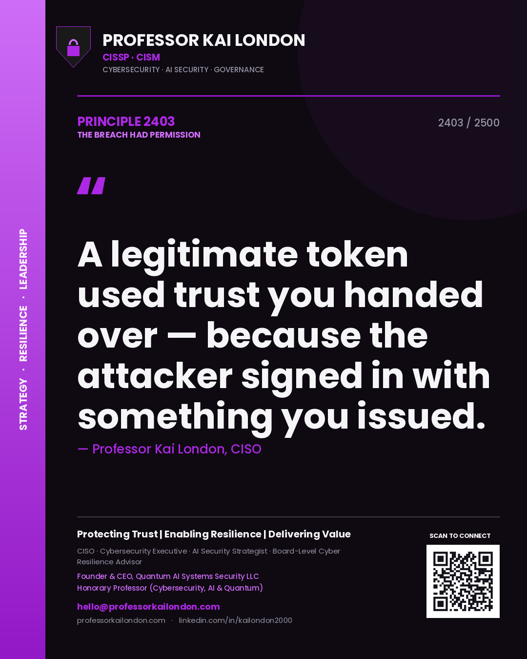 Quote card by Professor Kai London reading 'A legitimate token used trust you handed over — because the attacker signed in with something you issued.'. From the book The Breach Had Permission.