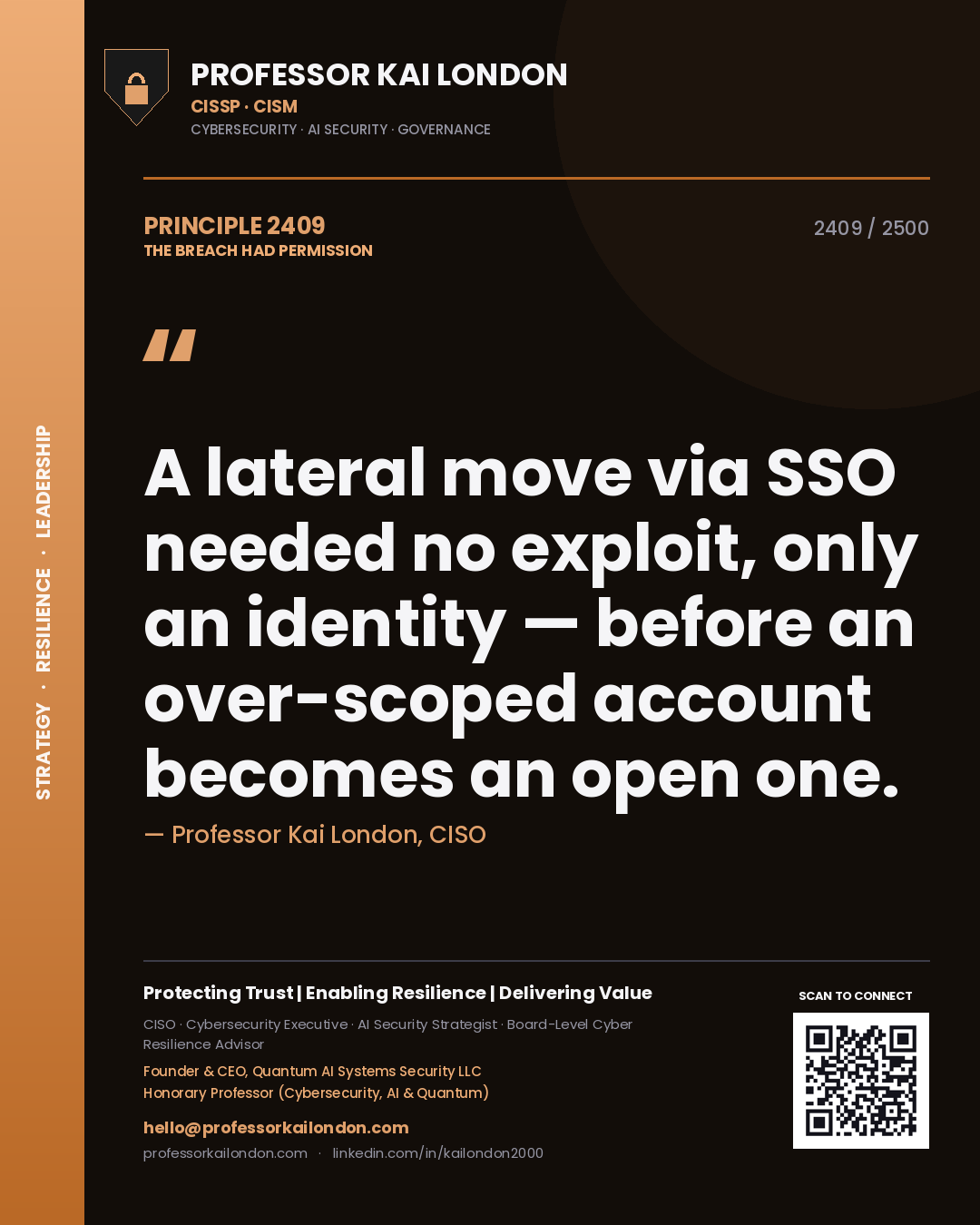 Professor Kai London principle 2409: A lateral move via SSO needed no exploit, only an identity — before an over-scoped account becomes an open one.
