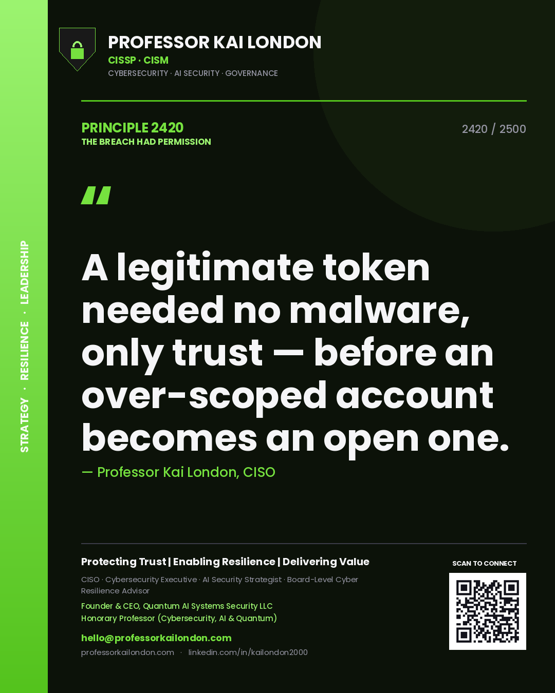 Quote card by Professor Kai London reading 'A legitimate token needed no malware, only trust — before an over-scoped account becomes an open one.'. From the book The Breach Had Permission.