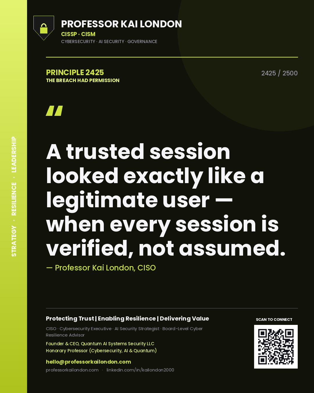 Quote card by Professor Kai London reading 'A trusted session looked exactly like a legitimate user — when every session is verified, not assumed.'. From the book The Breach Had Permission.