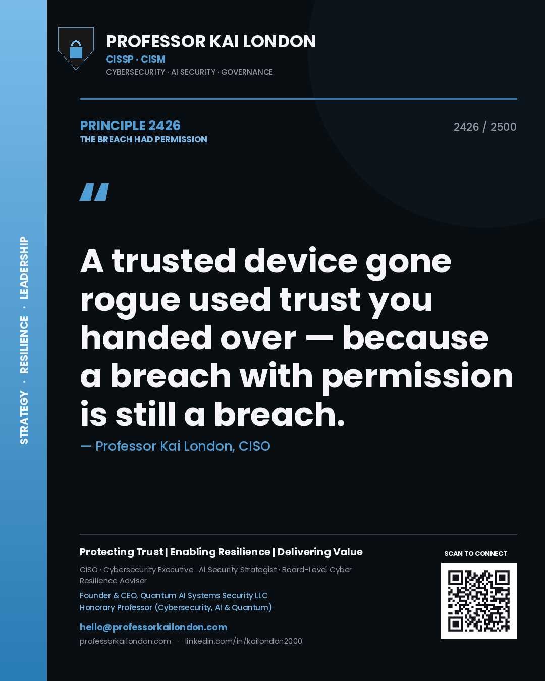 Quote card by Professor Kai London reading 'A trusted device gone rogue used trust you handed over — because a breach with permission is still a breach.'. From the book The Breach Had Permission.