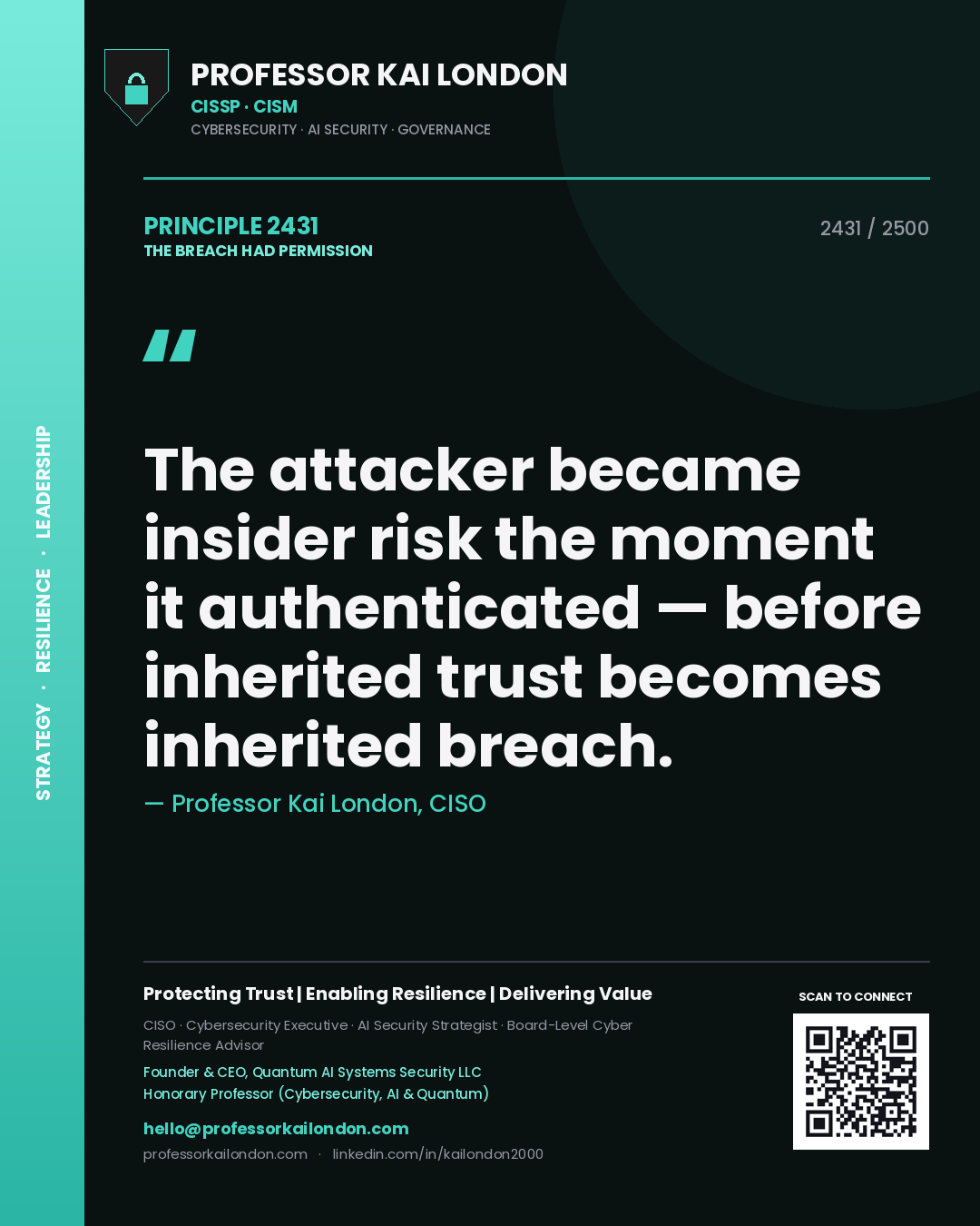 Professor Kai London principle 2431: The attacker became insider risk the moment it authenticated — before inherited trust becomes inherited breach.