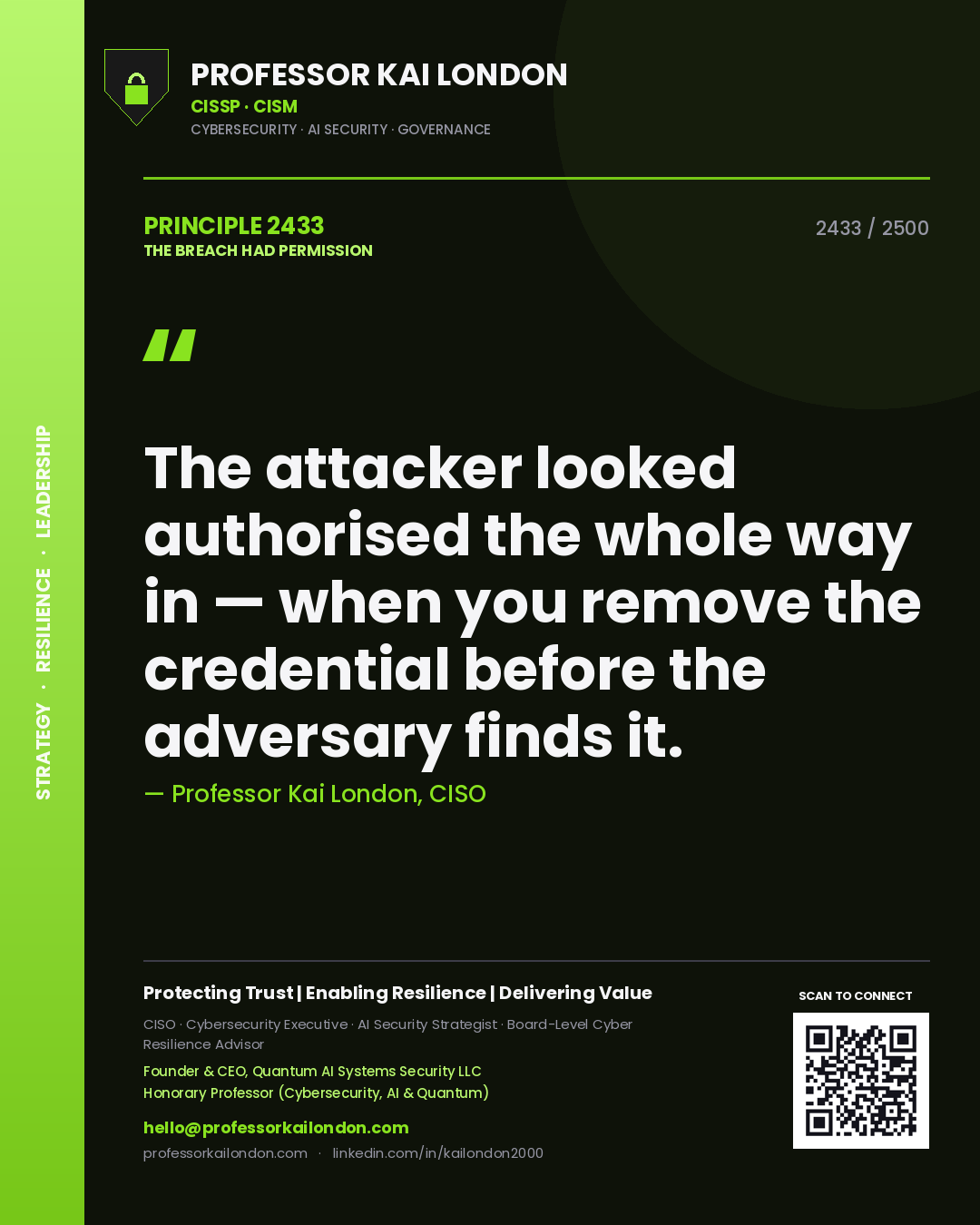 Professor Kai London principle 2433: The attacker looked authorised the whole way in — when you remove the credential before the adversary finds it.