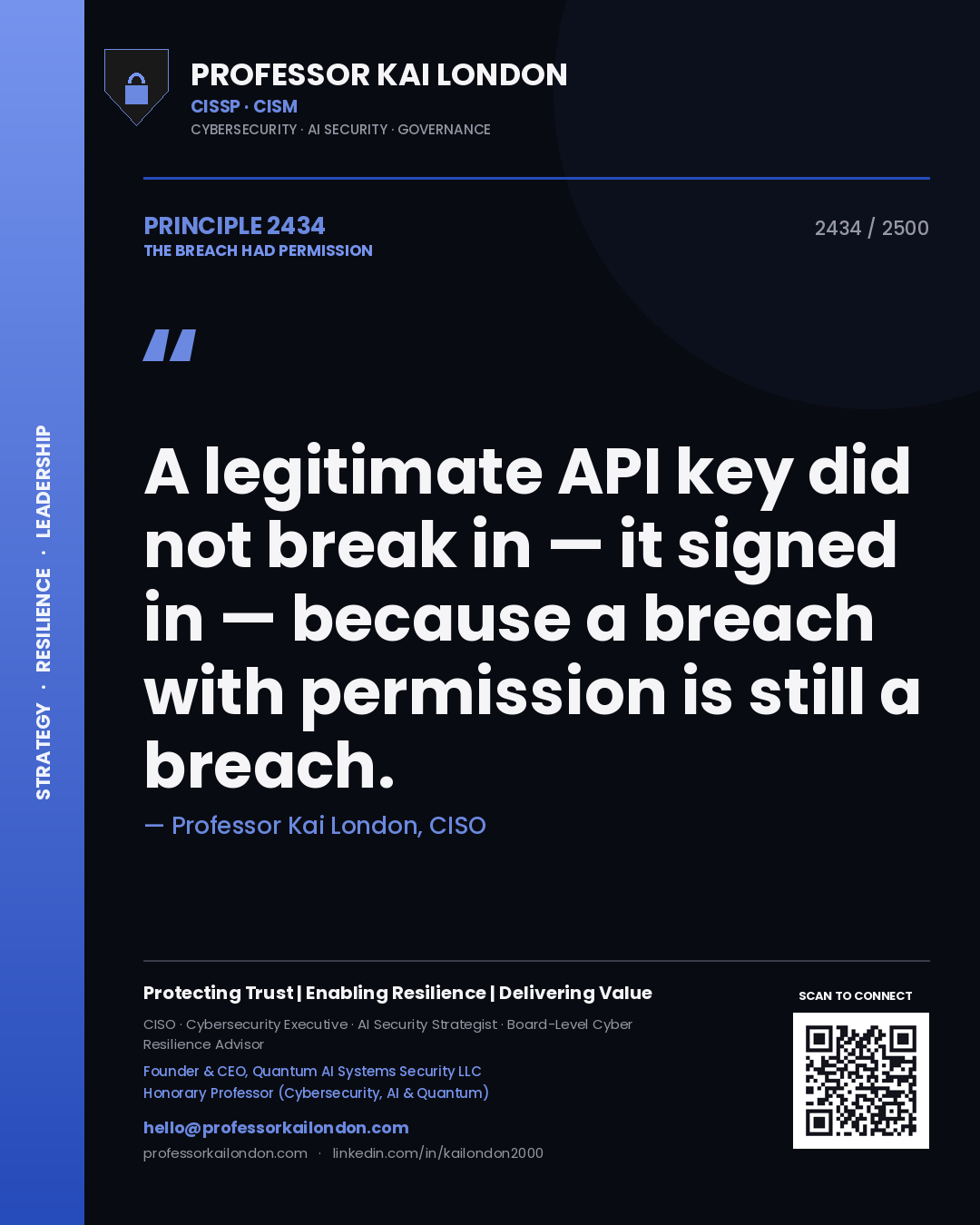 Quote card by Professor Kai London reading 'A legitimate API key did not break in — it signed in — because a breach with permission is still a breach.'. From the book The Breach Had Permission.