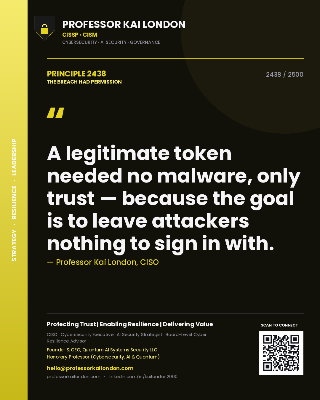 Professor Kai London principle 2438: A legitimate token needed no malware, only trust — because the goal is to leave attackers nothing to sign in with.