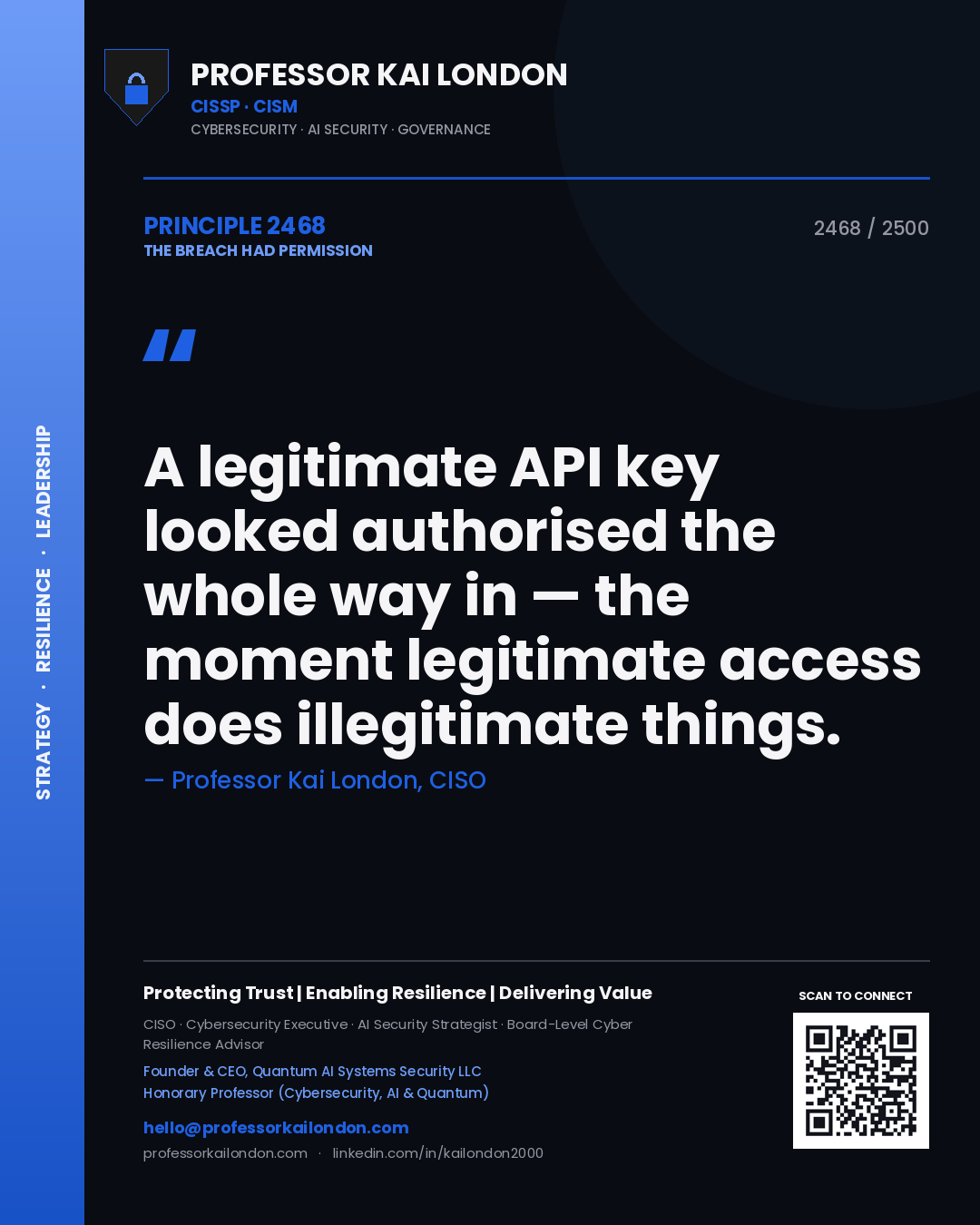 Quote card by Professor Kai London reading 'A legitimate API key looked authorised the whole way in — the moment legitimate access does illegitimate things.'. From the book The Breach Had Permission.