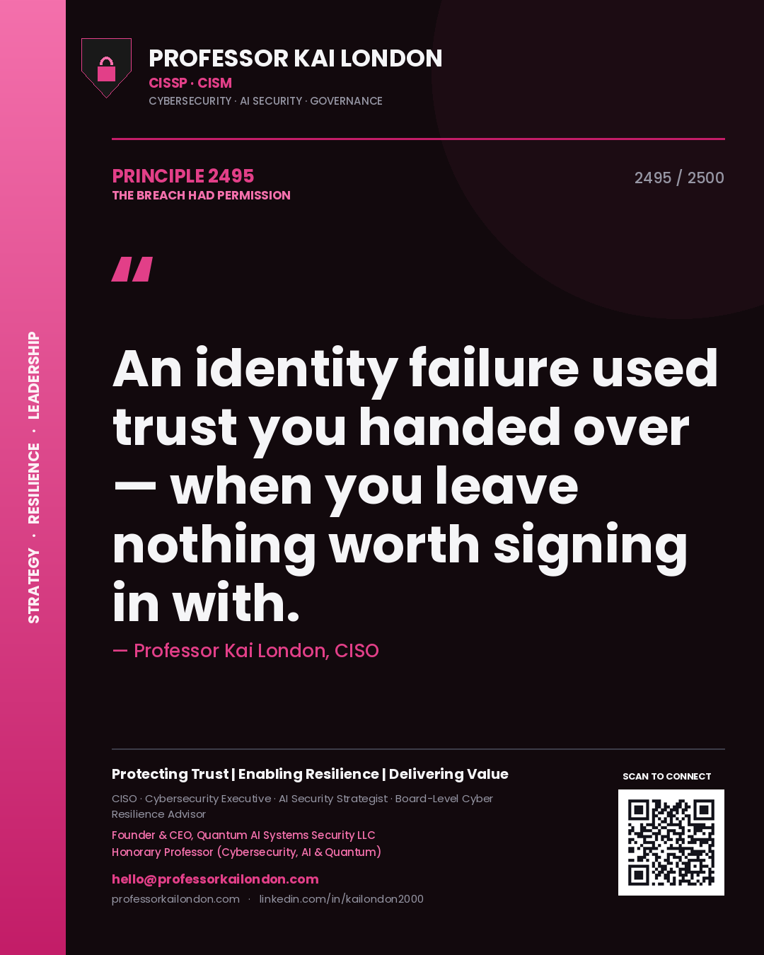 Professor Kai London principle 2495: An identity failure used trust you handed over — when you leave nothing worth signing in with.