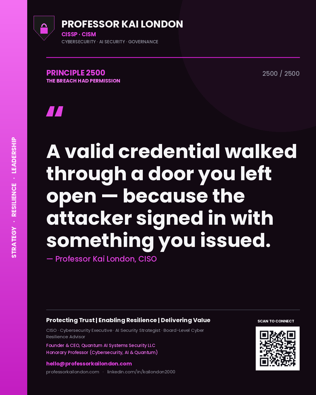Quote card by Professor Kai London reading 'A valid credential walked through a door you left open — because the attacker signed in with something you issued.'. From the book The Breach Had Permission.