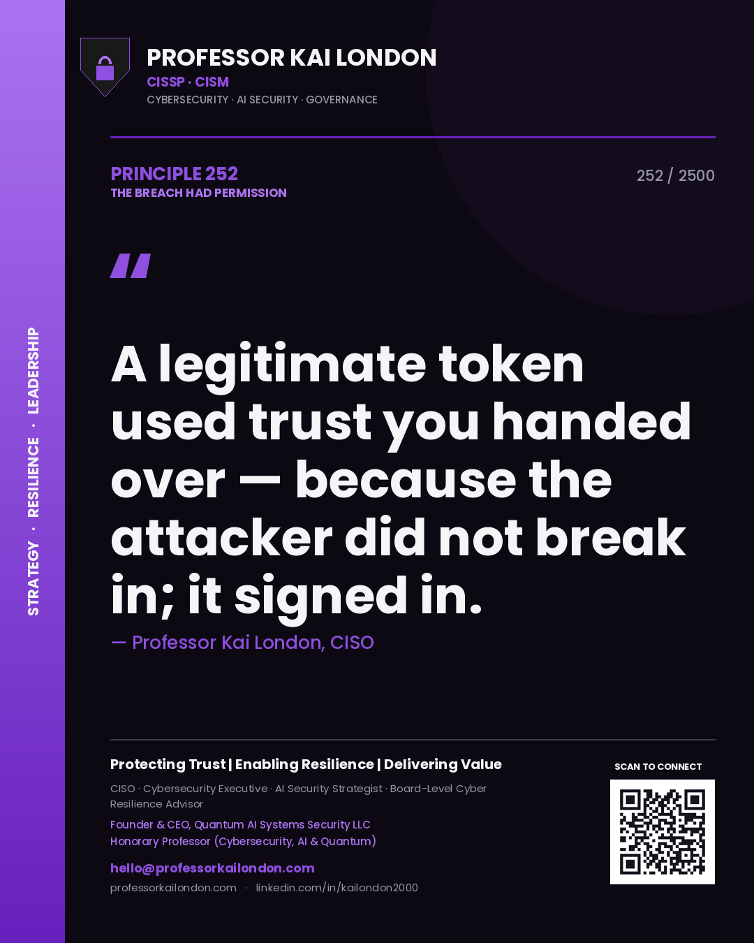 Quote card by Professor Kai London reading 'A legitimate token used trust you handed over — because the attacker did not break in; it signed in.'. From the book The Breach Had Permission.