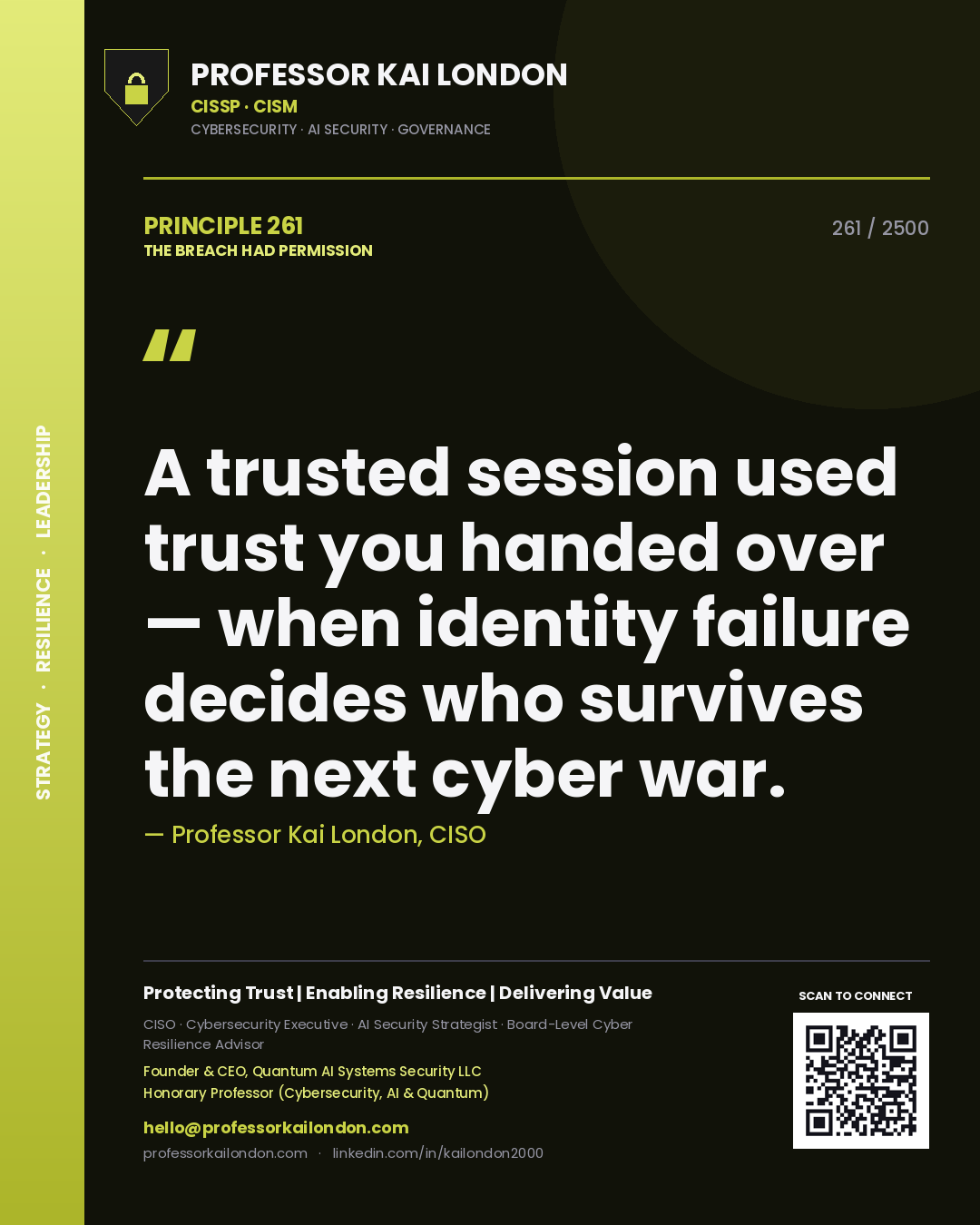 Quote card by Professor Kai London reading 'A trusted session used trust you handed over — when identity failure decides who survives the next cyber war.'. From the book The Breach Had Permission.