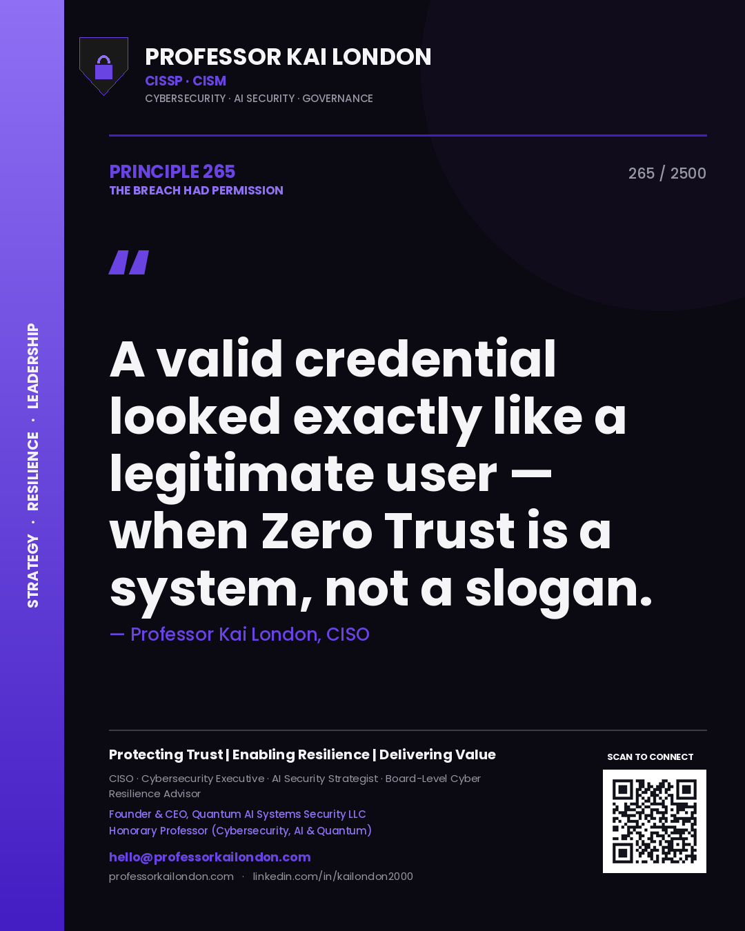 Professor Kai London principle 265: A valid credential looked exactly like a legitimate user — when Zero Trust is a system, not a slogan.