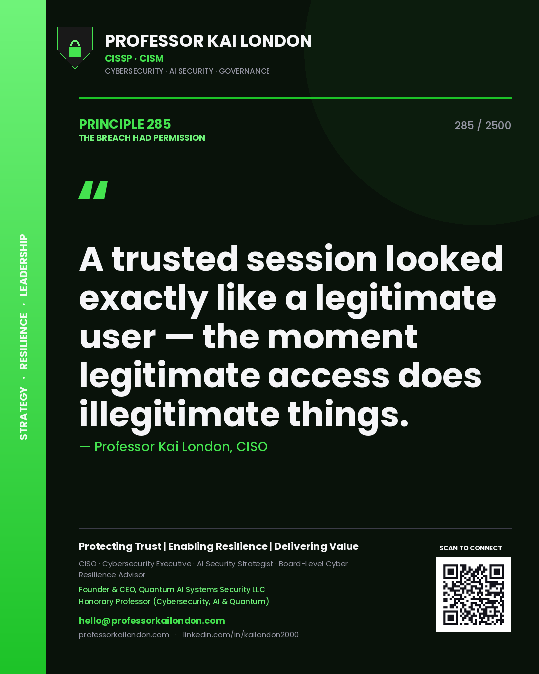 Quote card by Professor Kai London reading 'A trusted session looked exactly like a legitimate user — the moment legitimate access does illegitimate things.'. From the book The Breach Had Permission.