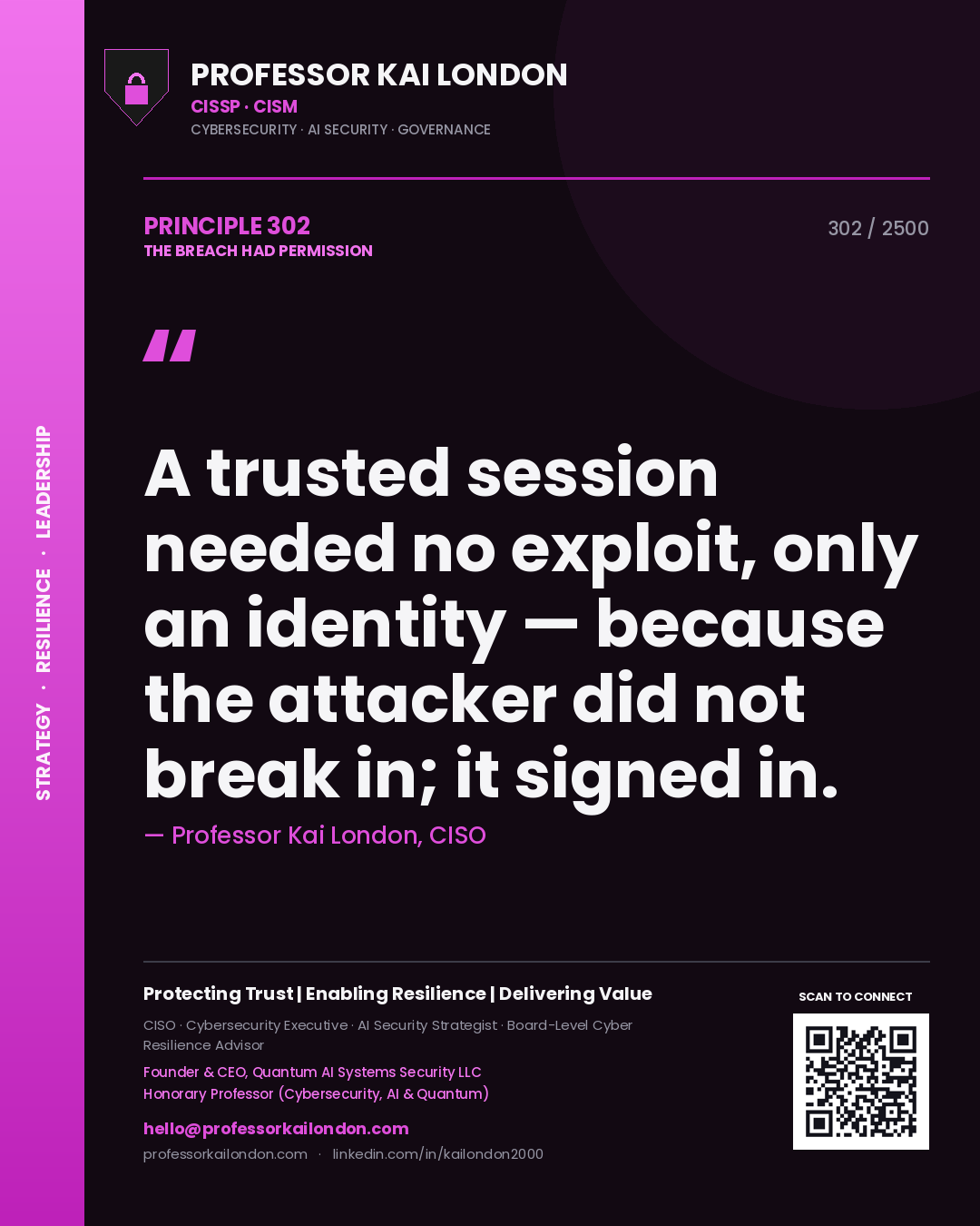 Professor Kai London principle 302: A trusted session needed no exploit, only an identity — because the attacker did not break in; it signed in.