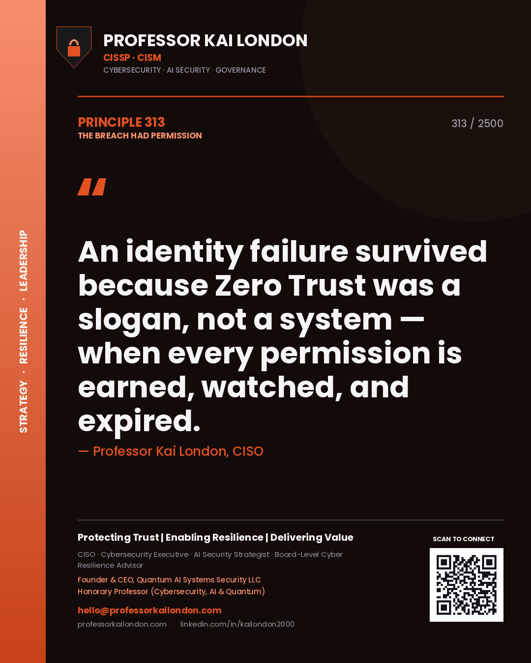 Professor Kai London principle 313: An identity failure survived because Zero Trust was a slogan, not a system — when every permission is earned, watched, and expired.