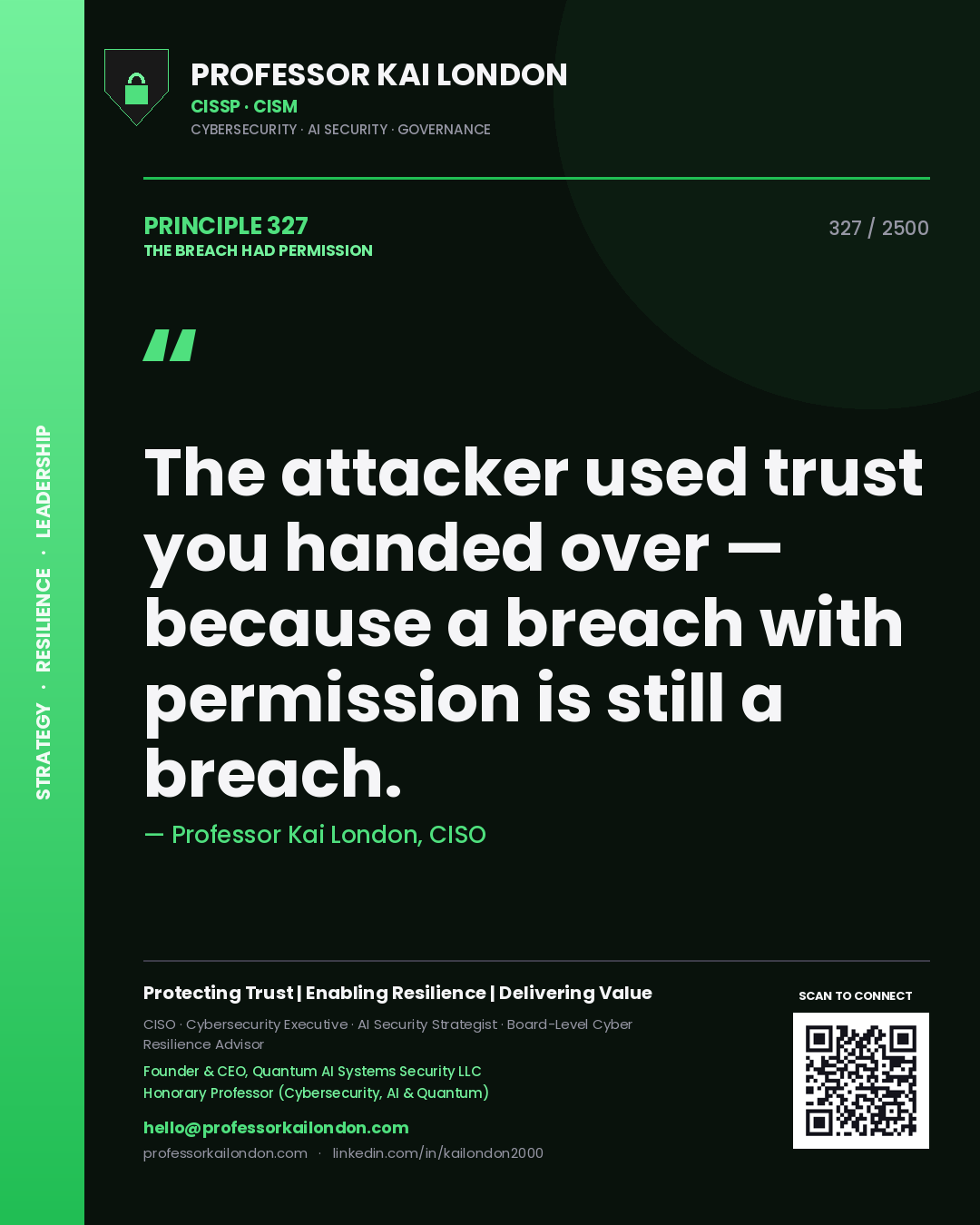 Quote card by Professor Kai London reading 'The attacker used trust you handed over — because a breach with permission is still a breach.'. From the book The Breach Had Permission.