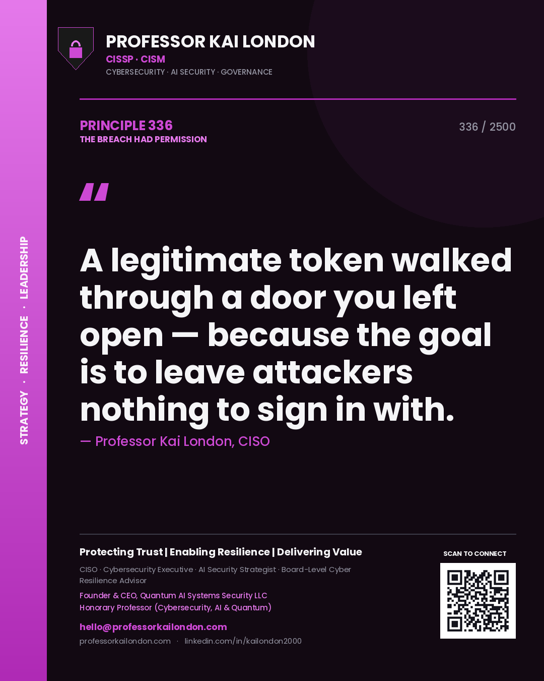 Quote card by Professor Kai London reading 'A legitimate token walked through a door you left open — because the goal is to leave attackers nothing to sign in with.'. From the book The Breach Had Permission.
