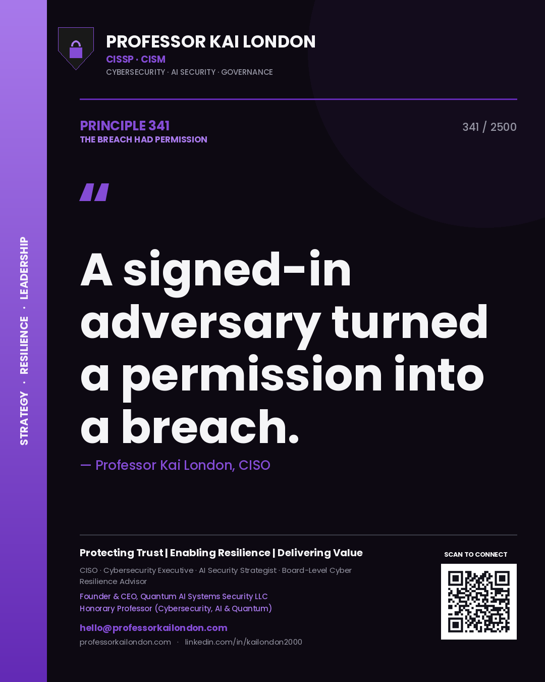 Quote card by Professor Kai London reading 'A signed-in adversary turned a permission into a breach.'. From the book The Breach Had Permission.