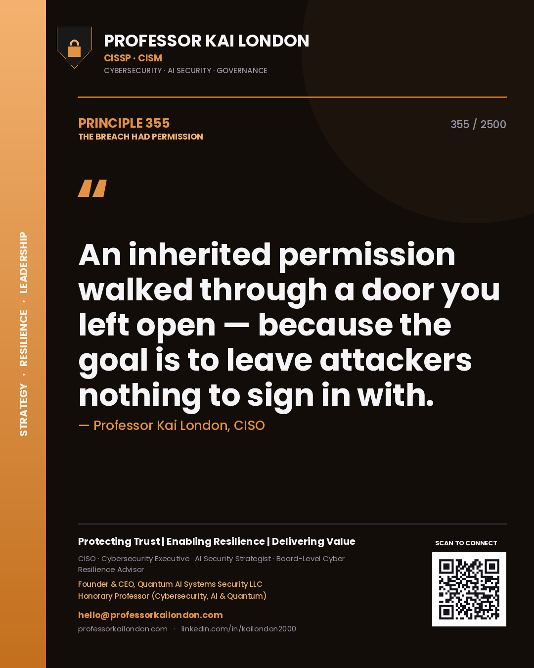 Professor Kai London principle 355: An inherited permission walked through a door you left open — because the goal is to leave attackers nothing to sign in with.