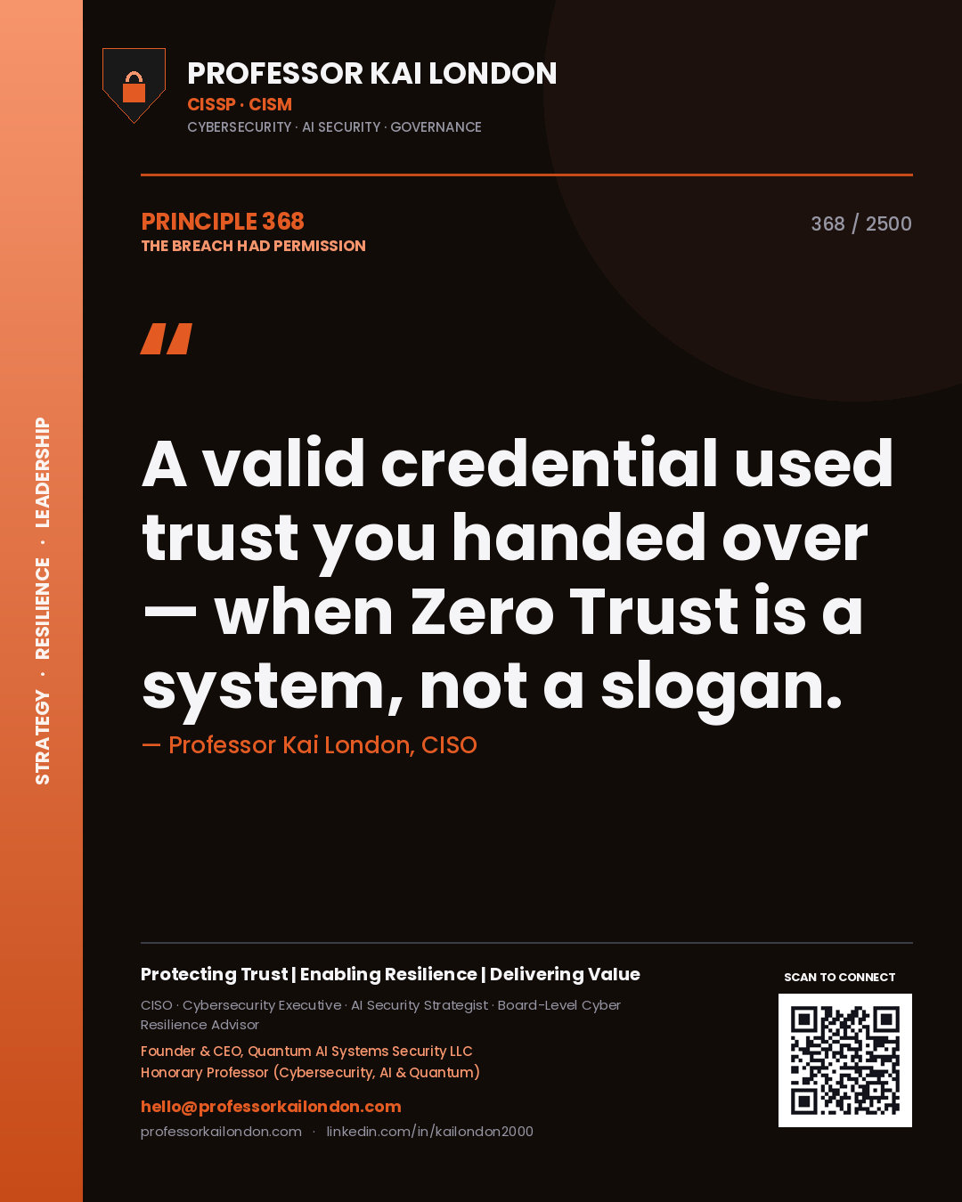 Quote card by Professor Kai London reading 'A valid credential used trust you handed over — when Zero Trust is a system, not a slogan.'. From the book The Breach Had Permission.