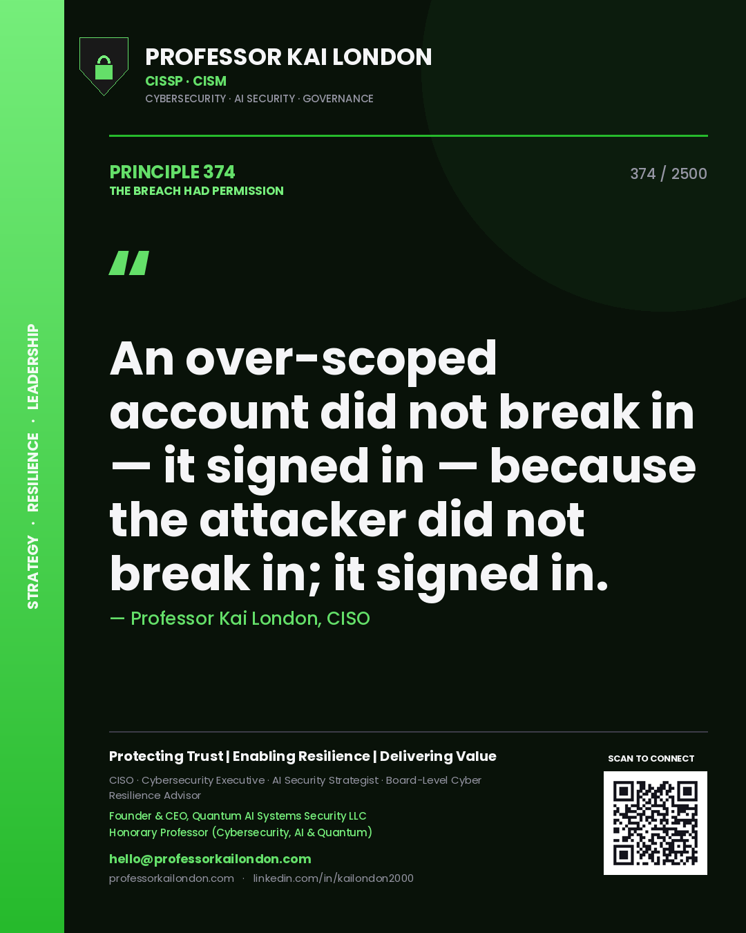Professor Kai London principle 374: An over-scoped account did not break in — it signed in — because the attacker did not break in; it signed in.