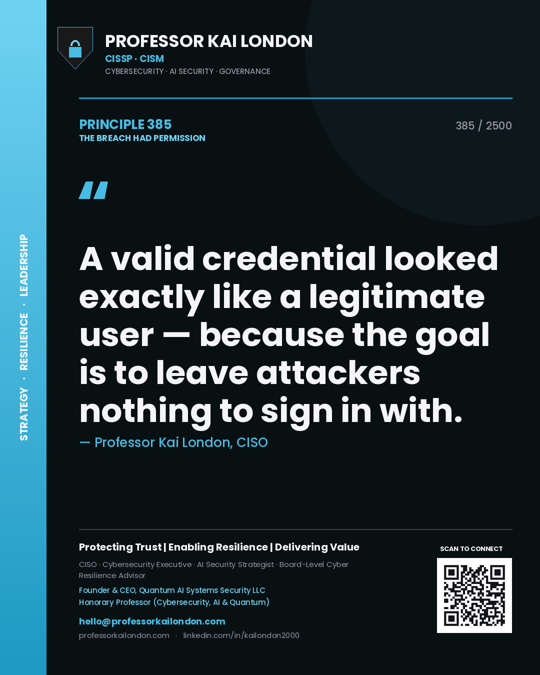 Professor Kai London principle 385: A valid credential looked exactly like a legitimate user — because the goal is to leave attackers nothing to sign in with.