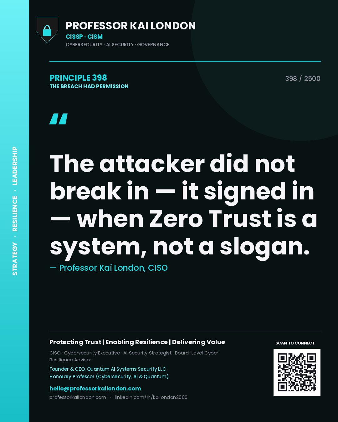Professor Kai London principle 398: The attacker did not break in — it signed in — when Zero Trust is a system, not a slogan.